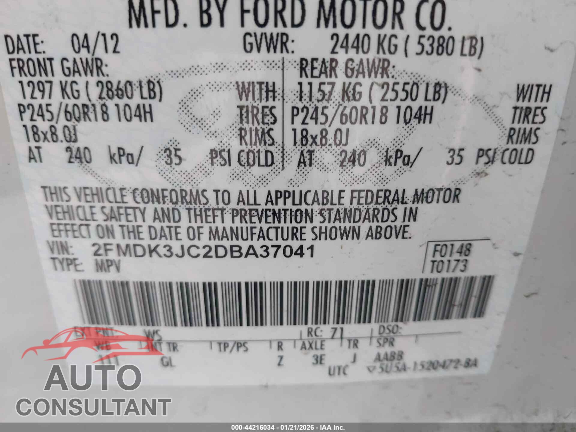 FORD EDGE 2013 - 2FMDK3JC2DBA37041