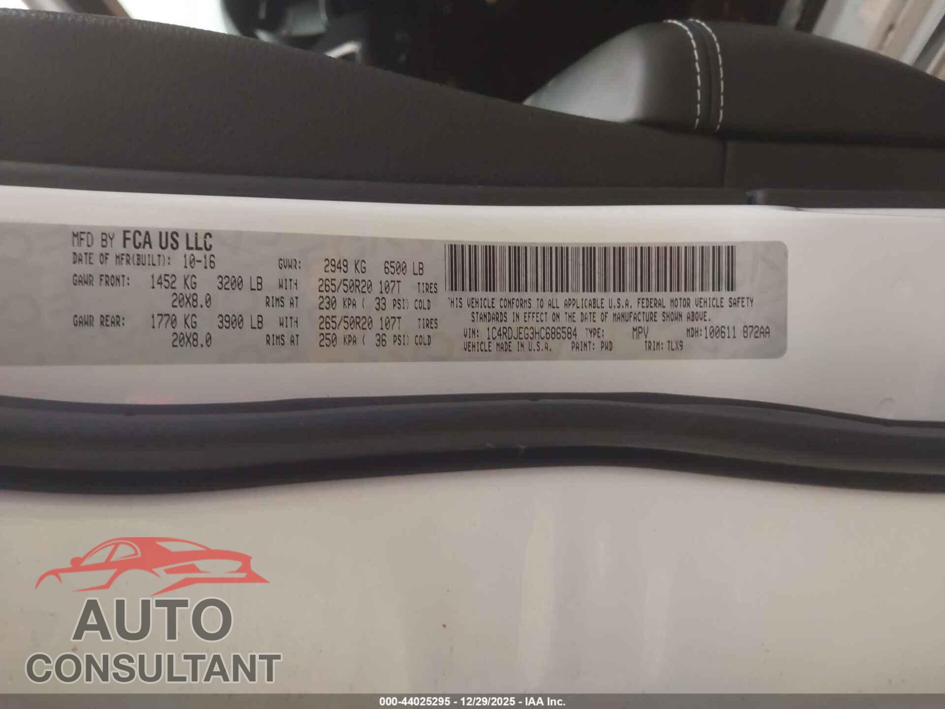 DODGE DURANGO 2017 - 1C4RDJEG3HC686584