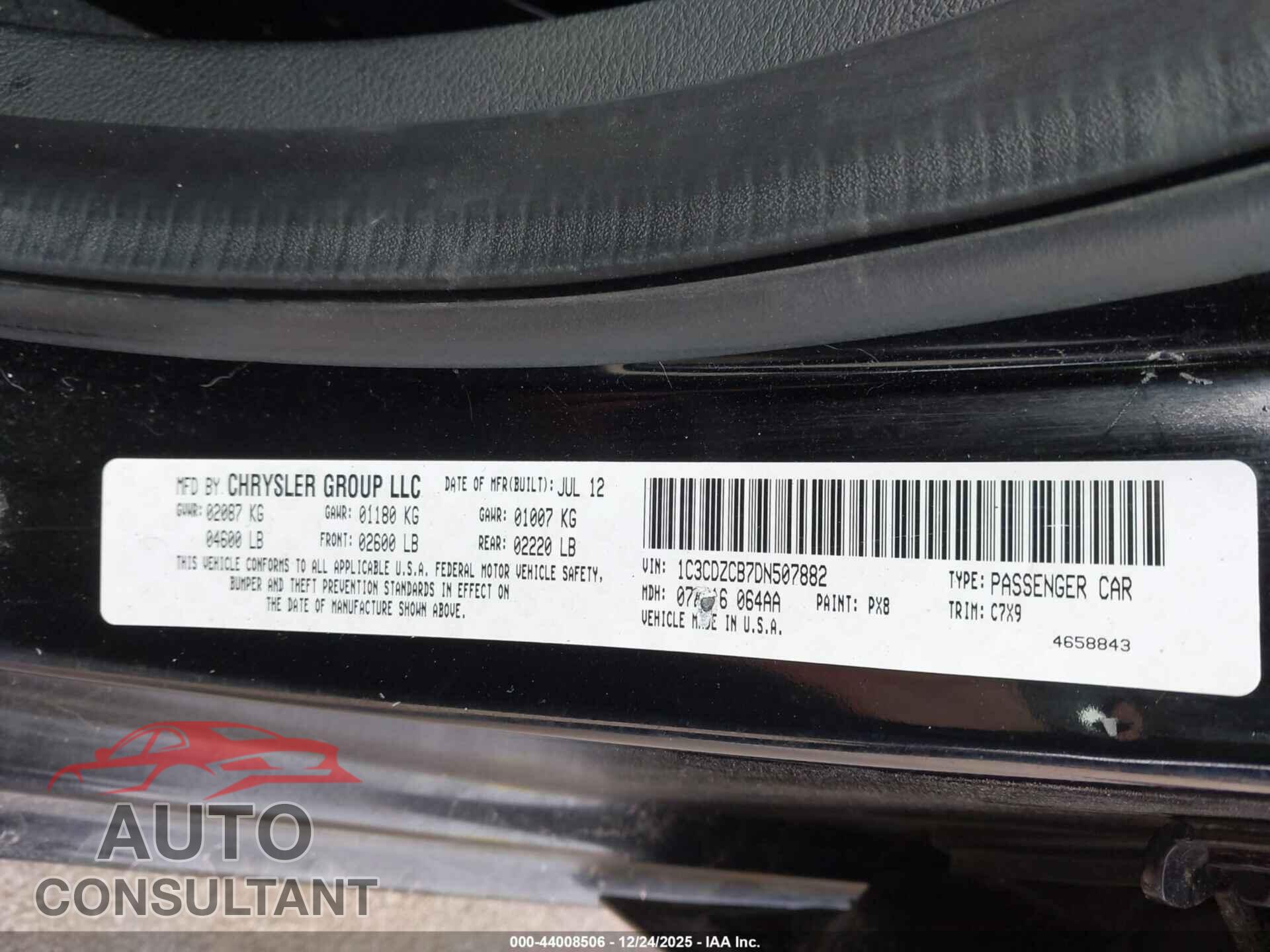 DODGE AVENGER 2013 - 1C3CDZCB7DN507882