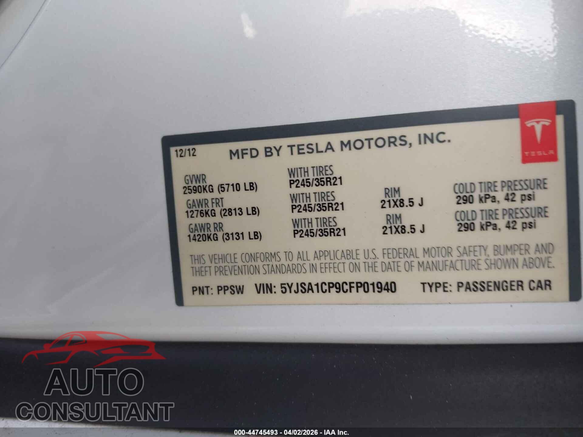 TESLA MODEL S 2012 - 5YJSA1CP9CFP01940