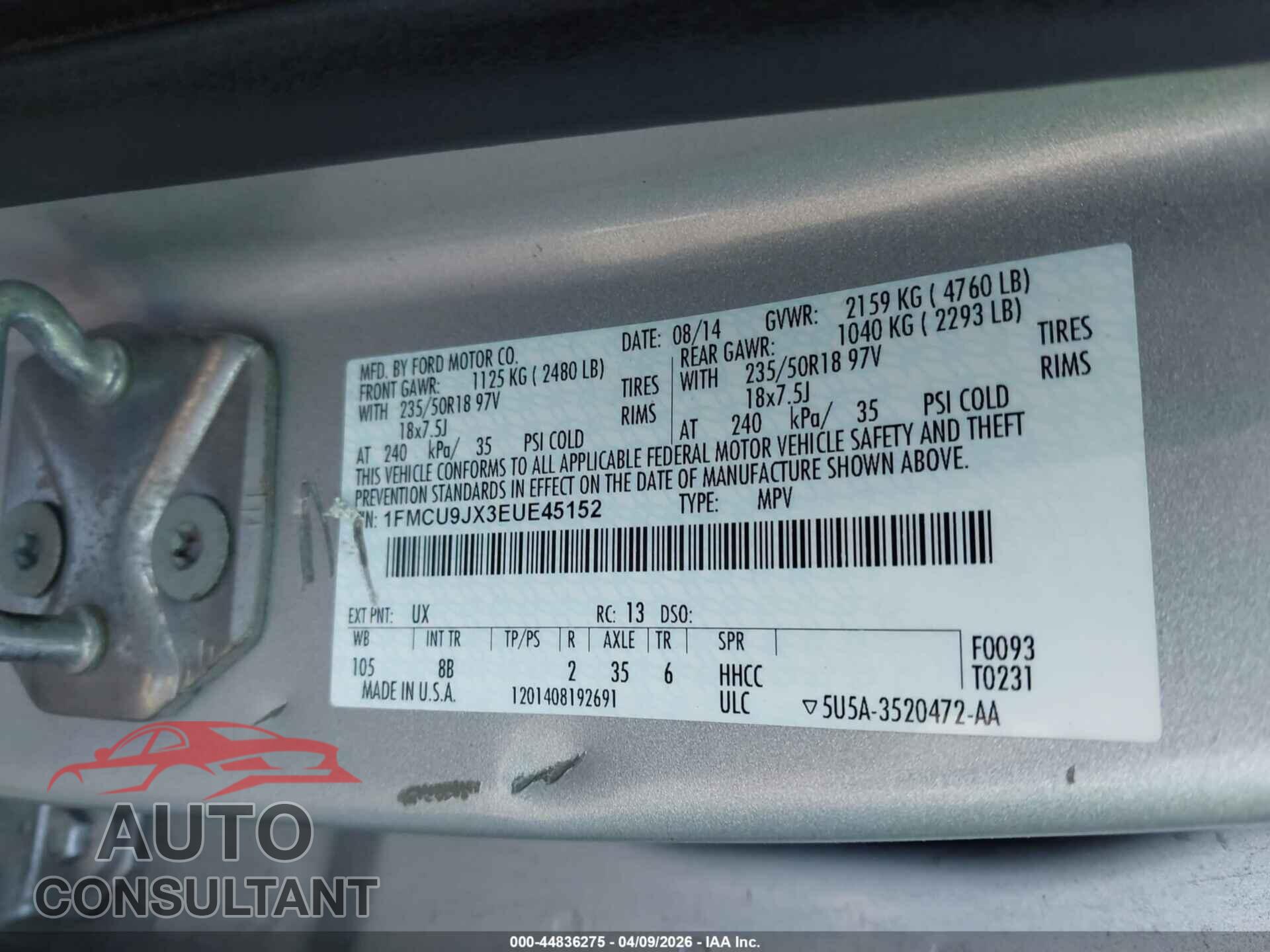 FORD ESCAPE 2014 - 1FMCU9JX3EUE45152