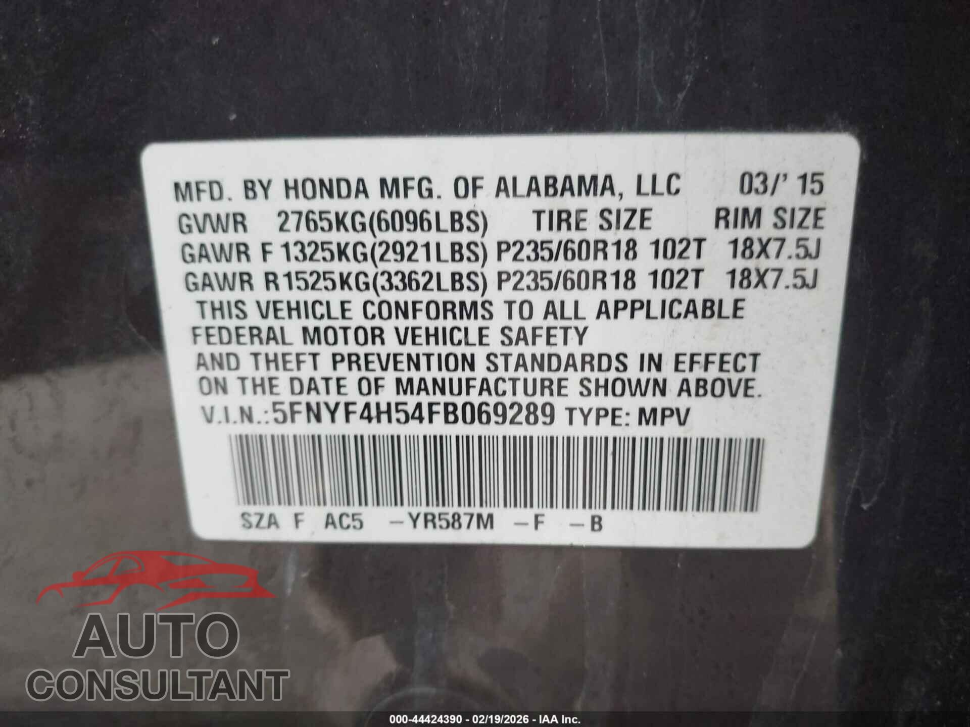 HONDA PILOT 2015 - 5FNYF4H54FB069289