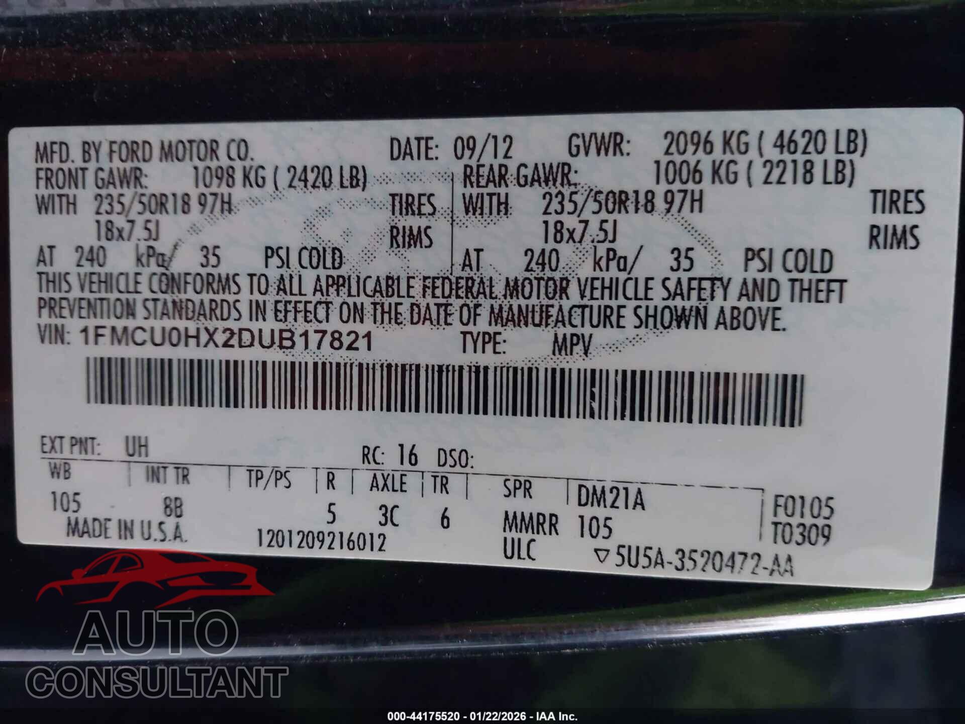 FORD ESCAPE 2013 - 1FMCU0HX2DUB17821