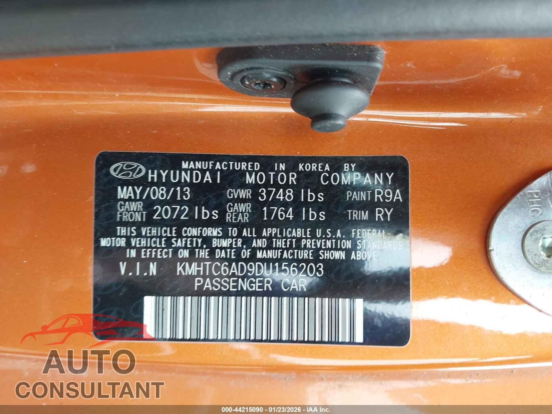 HYUNDAI VELOSTER 2013 - KMHTC6AD9DU156203