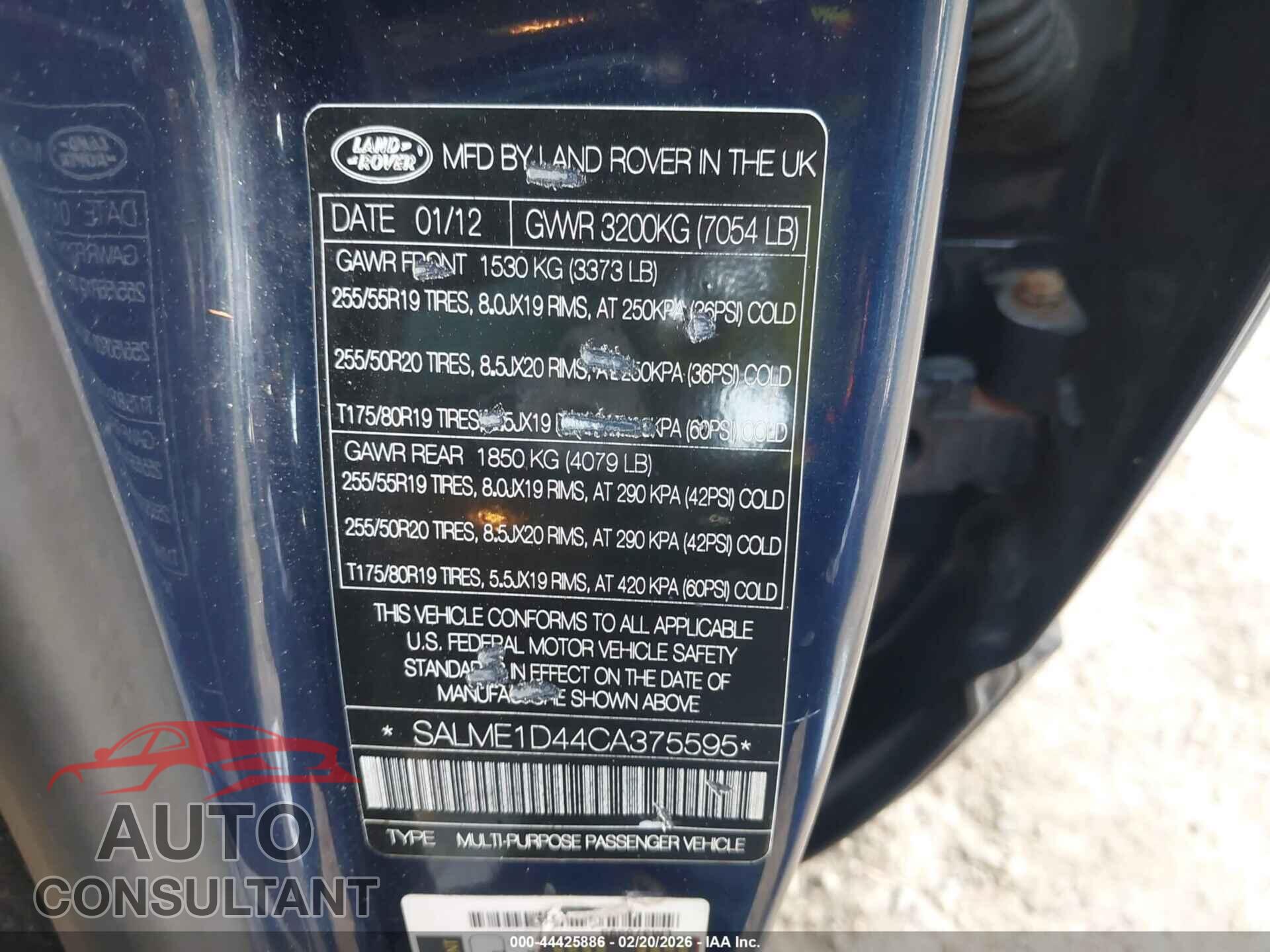 LAND ROVER RANGE ROVER 2012 - SALME1D44CA375595