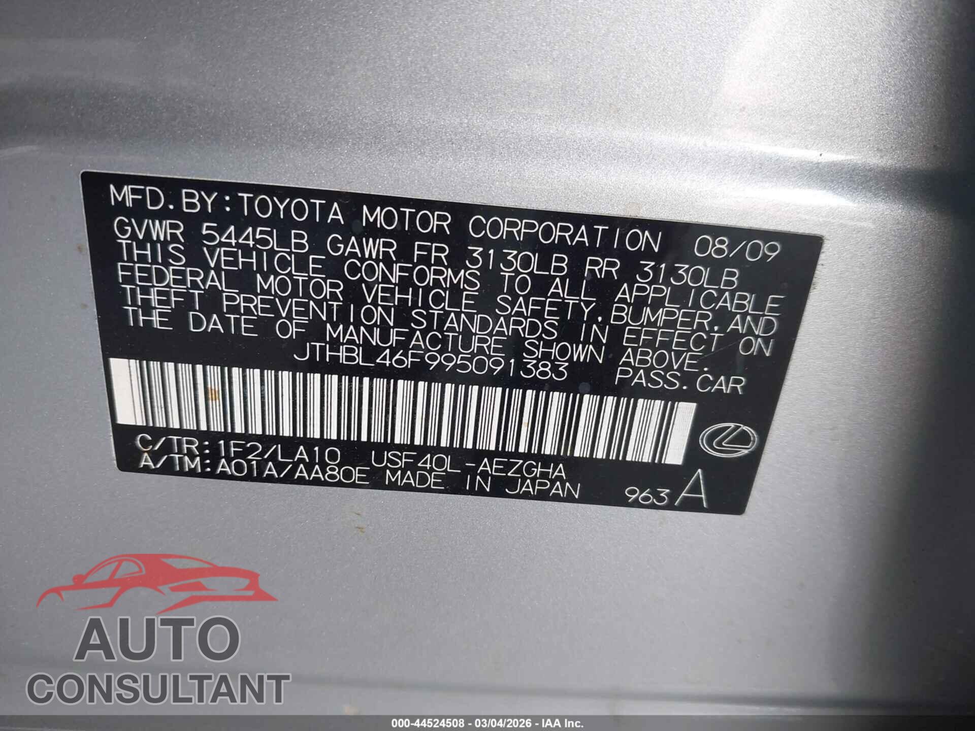 LEXUS LS 460 2009 - JTHBL46F995091383