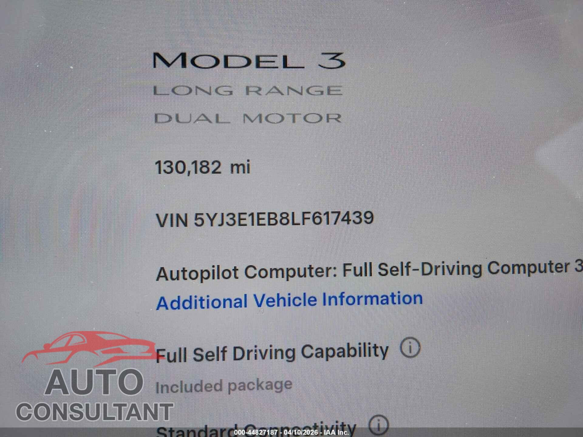 TESLA MODEL 3 2020 - 5YJ3E1EB8LF617439