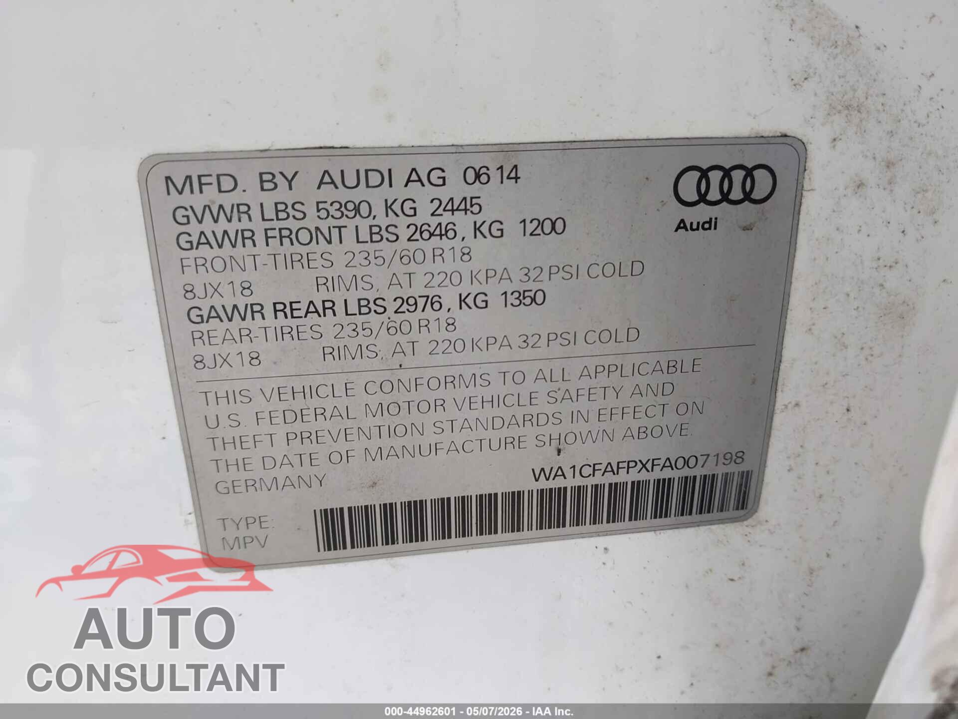 AUDI Q5 2015 - WA1CFAFPXFA007198