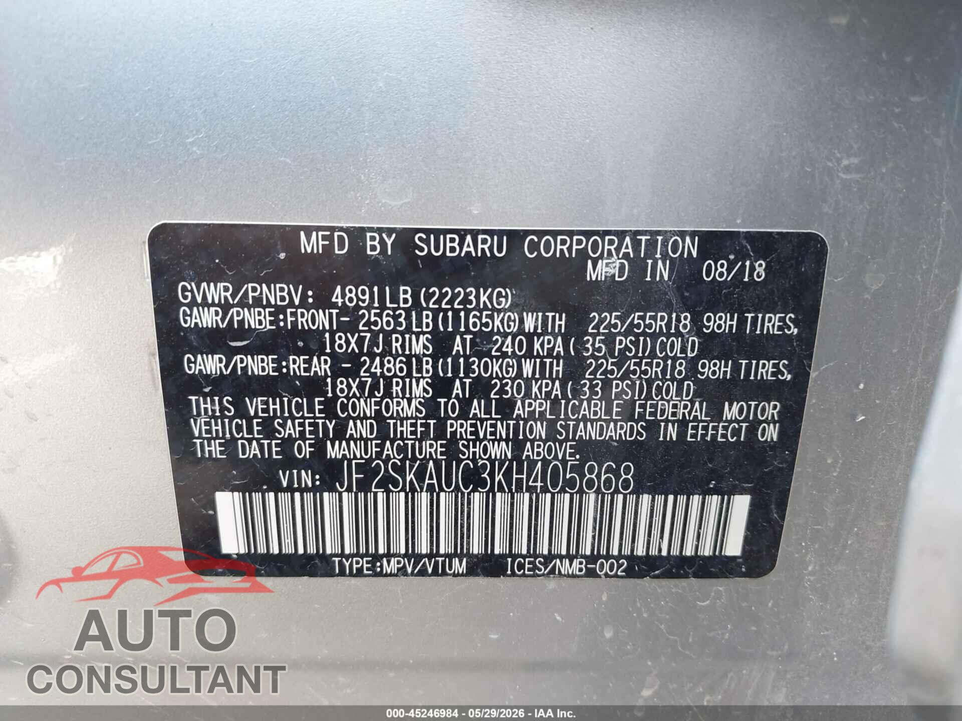 SUBARU FORESTER 2019 - JF2SKAUC3KH405868