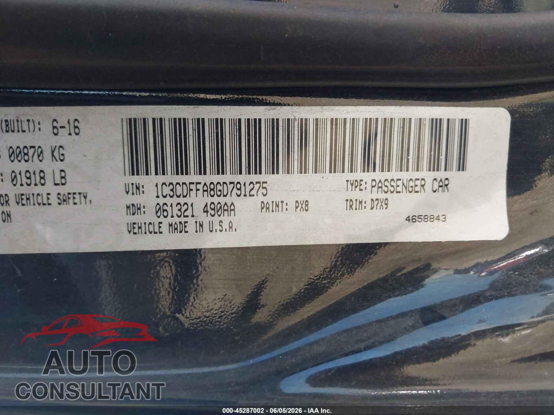 DODGE DART 2016 - 1C3CDFFA8GD791275