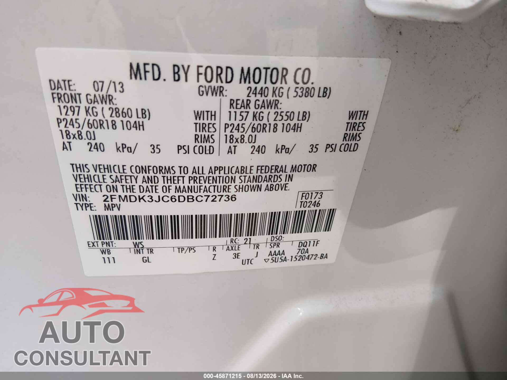 FORD EDGE 2013 - 2FMDK3JC6DBC72736
