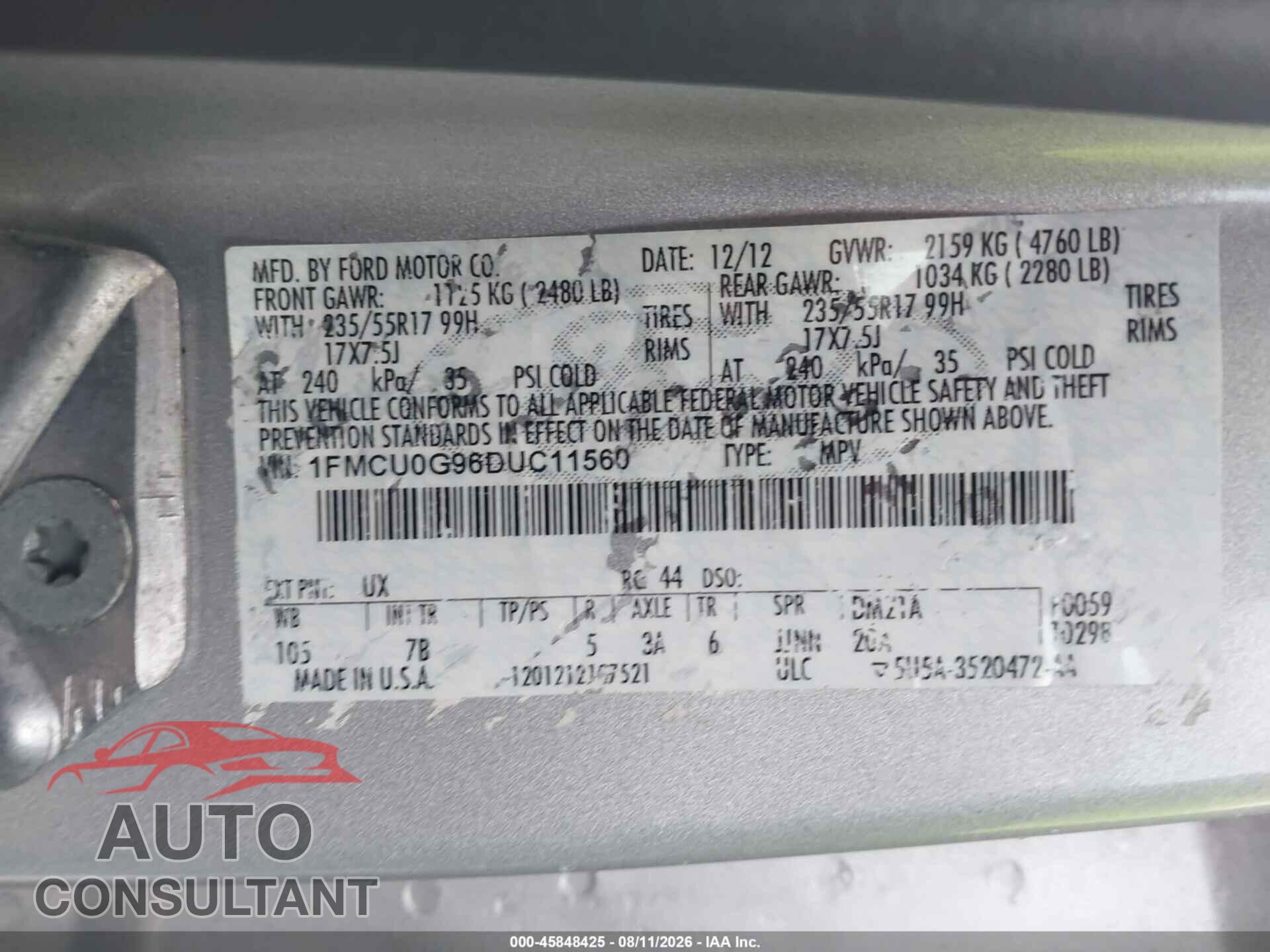 FORD ESCAPE 2013 - 1FMCU0G96DUC11560