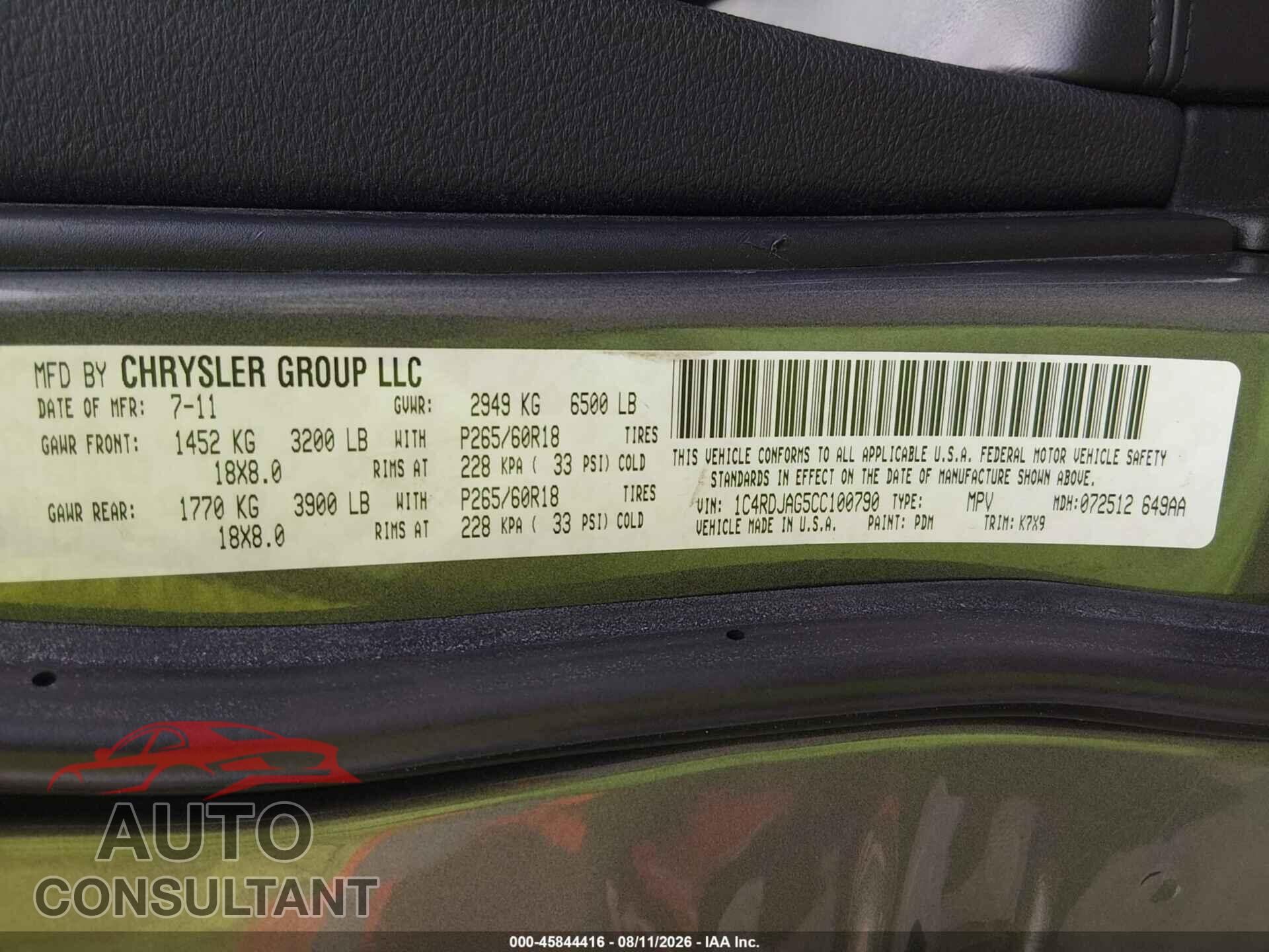 DODGE DURANGO 2012 - 1C4RDJAG5CC100790