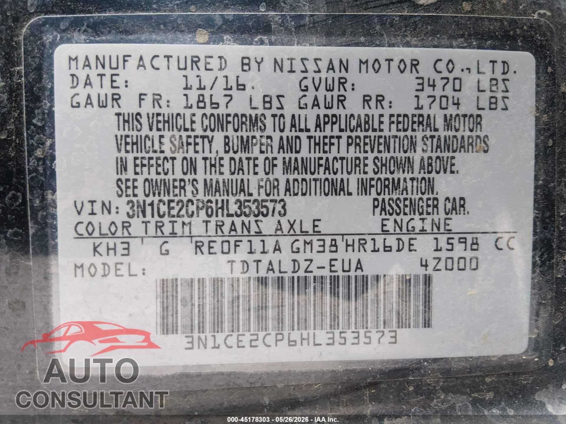 NISSAN VERSA NOTE 2017 - 3N1CE2CP6HL353573