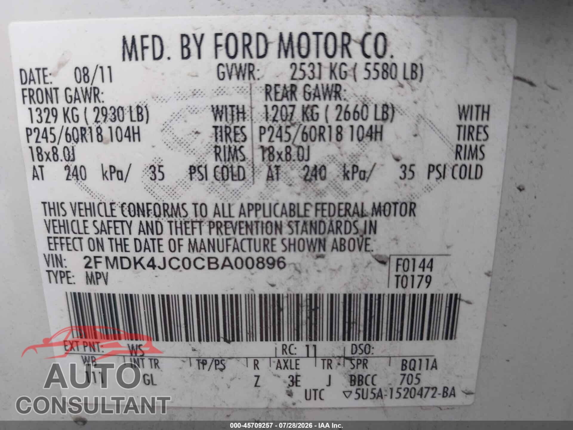 FORD EDGE 2012 - 2FMDK4JC0CBA00896