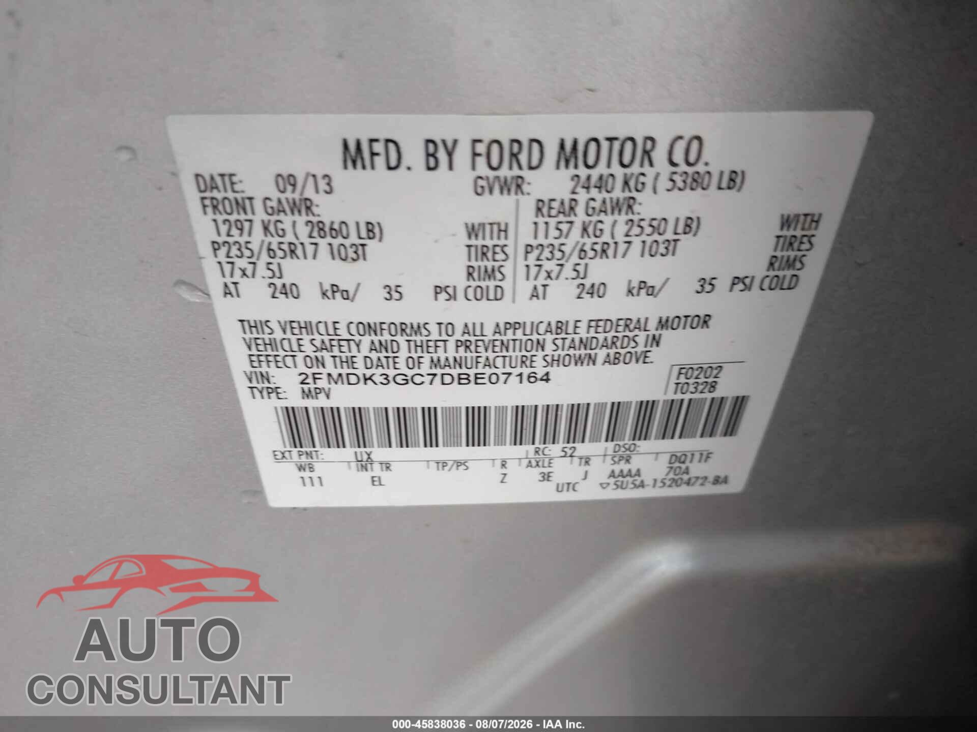 FORD EDGE 2013 - 2FMDK3GC7DBE07164