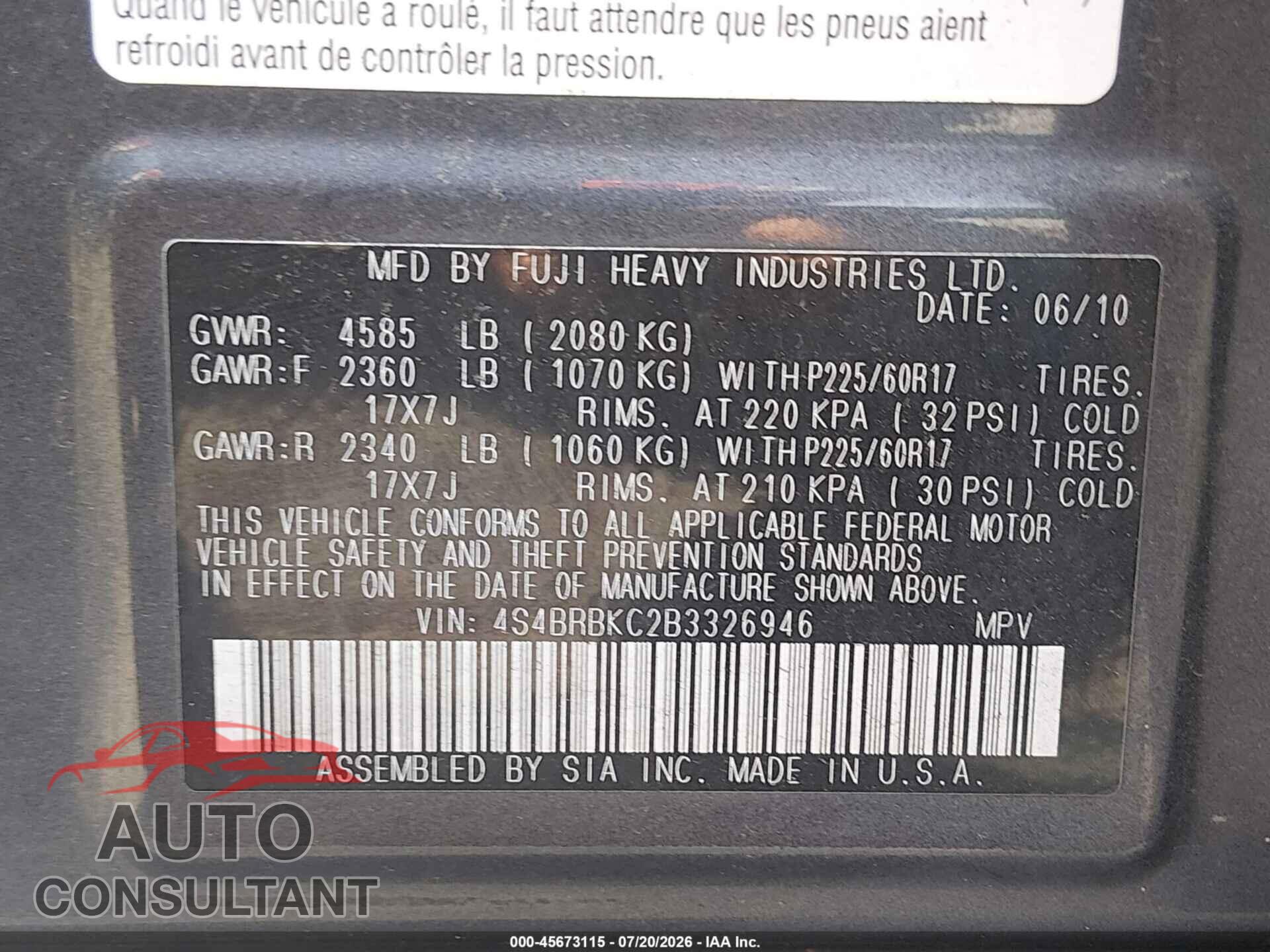 SUBARU OUTBACK 2011 - 4S4BRBKC2B3326946