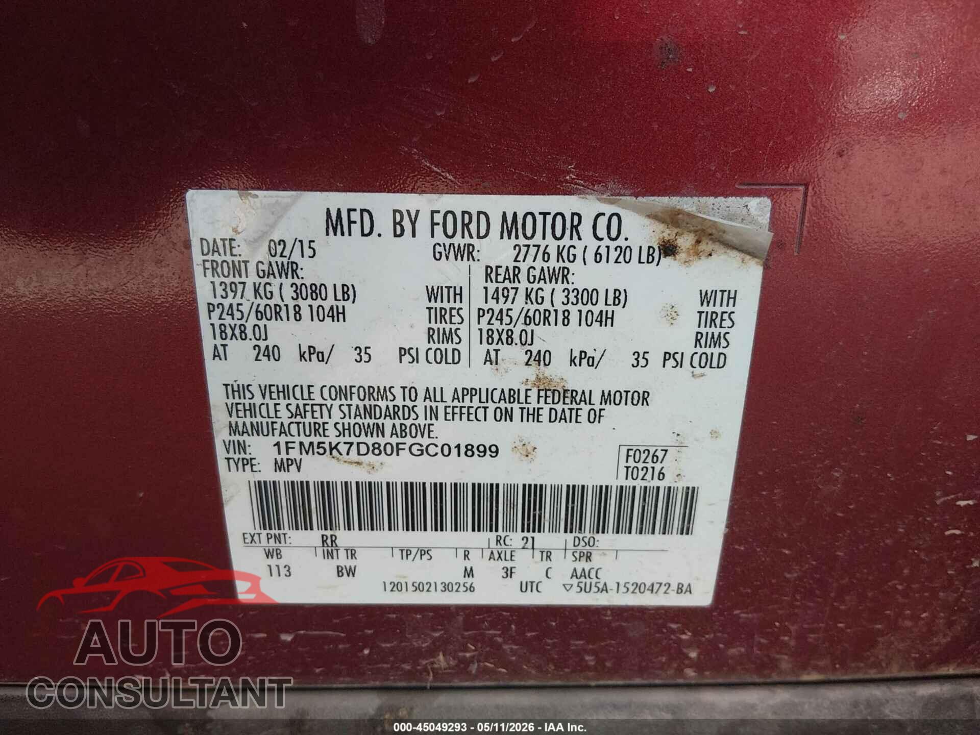FORD EXPLORER 2015 - 1FM5K7D80FGC01899