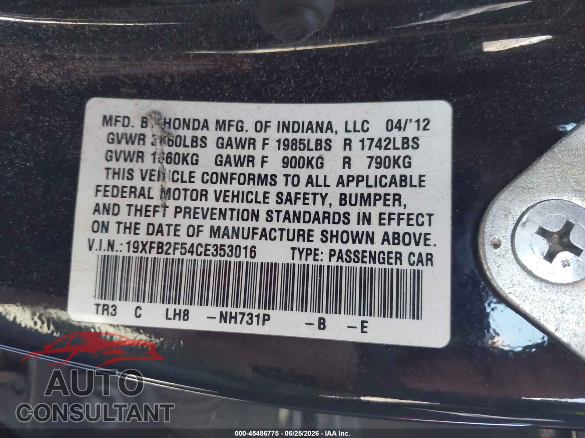 HONDA CIVIC 2012 - 19XFB2F54CE353016