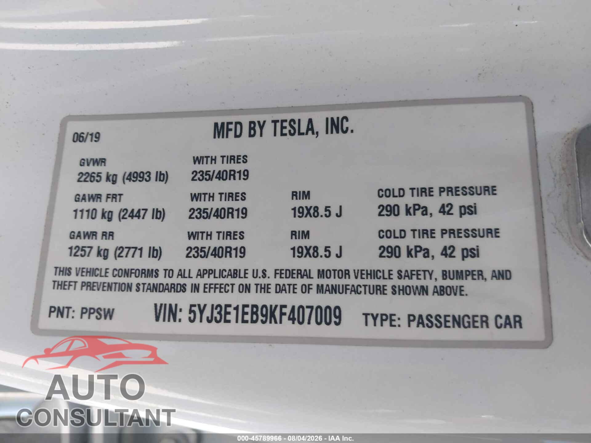 TESLA MODEL 3 2019 - 5YJ3E1EB9KF407009