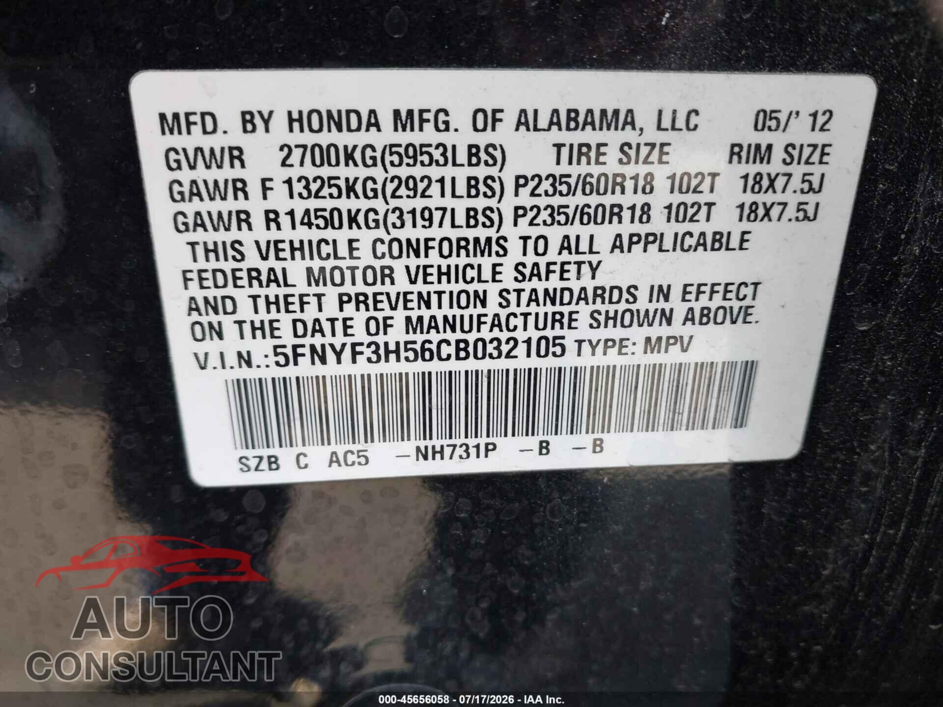 HONDA PILOT 2012 - 5FNYF3H56CB032105