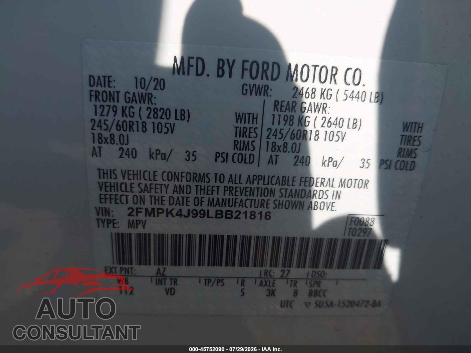 FORD EDGE 2020 - 2FMPK4J99LBB21816