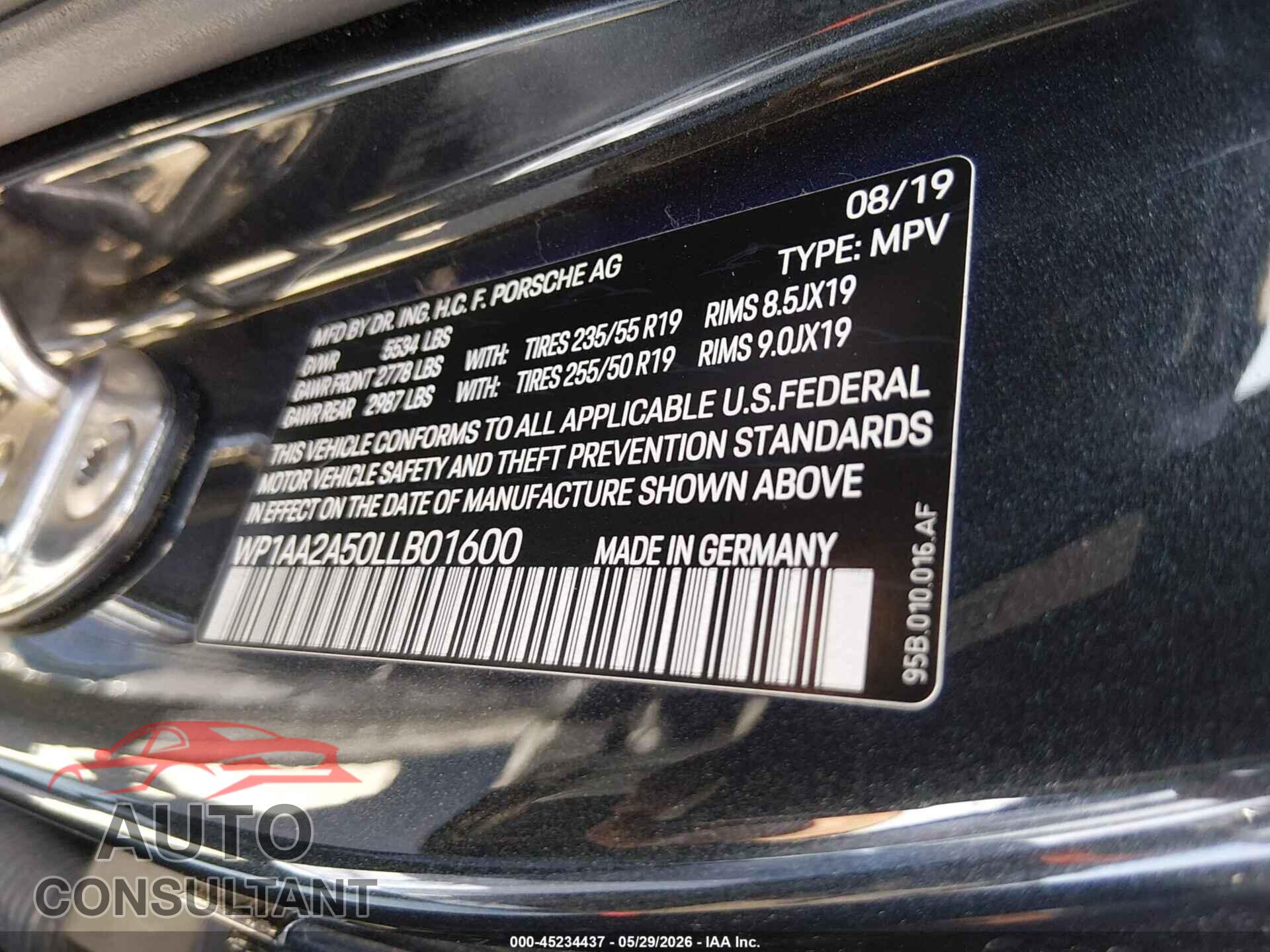 PORSCHE MACAN 2020 - WP1AA2A50LLB01600