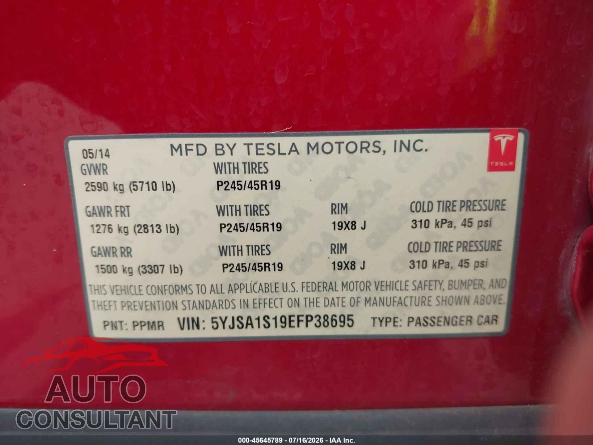 TESLA MODEL S 2014 - 5YJSA1S19EFP38695