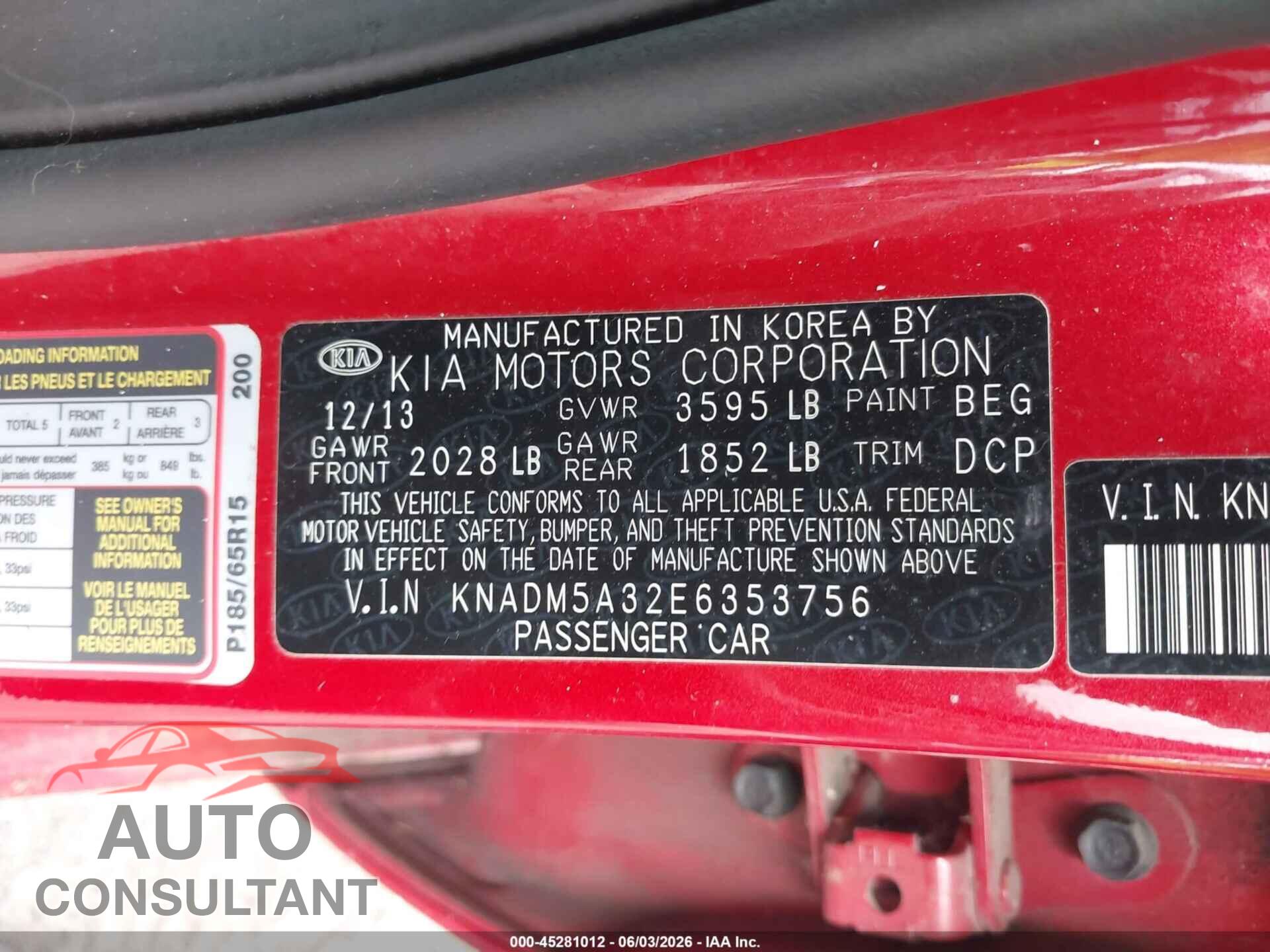 KIA RIO 2014 - KNADM5A32E6353756