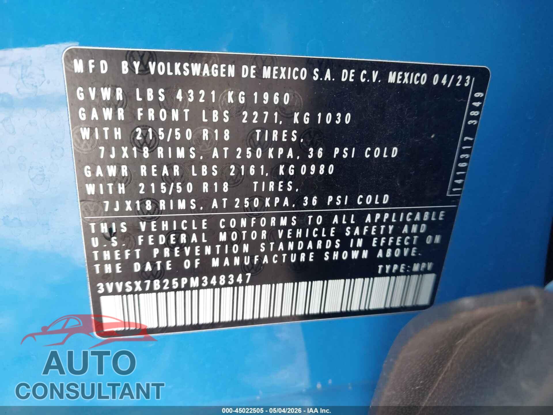 VOLKSWAGEN TAOS 2023 - 3VVSX7B25PM348347