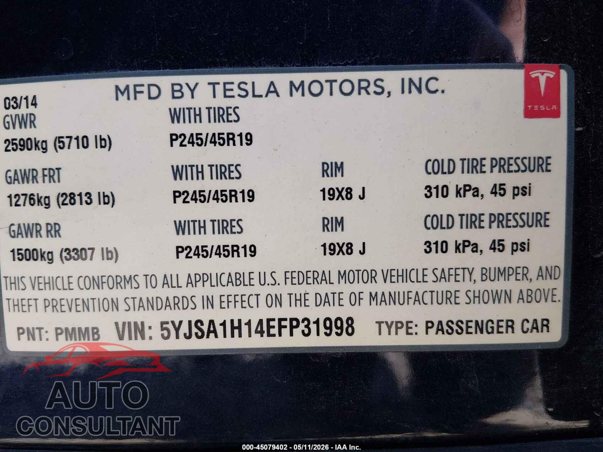 TESLA MODEL S 2014 - 5YJSA1H14EFP31998