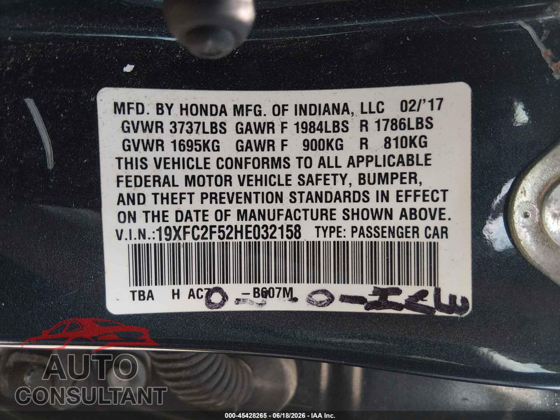 HONDA CIVIC 2017 - 19XFC2F52HE032158