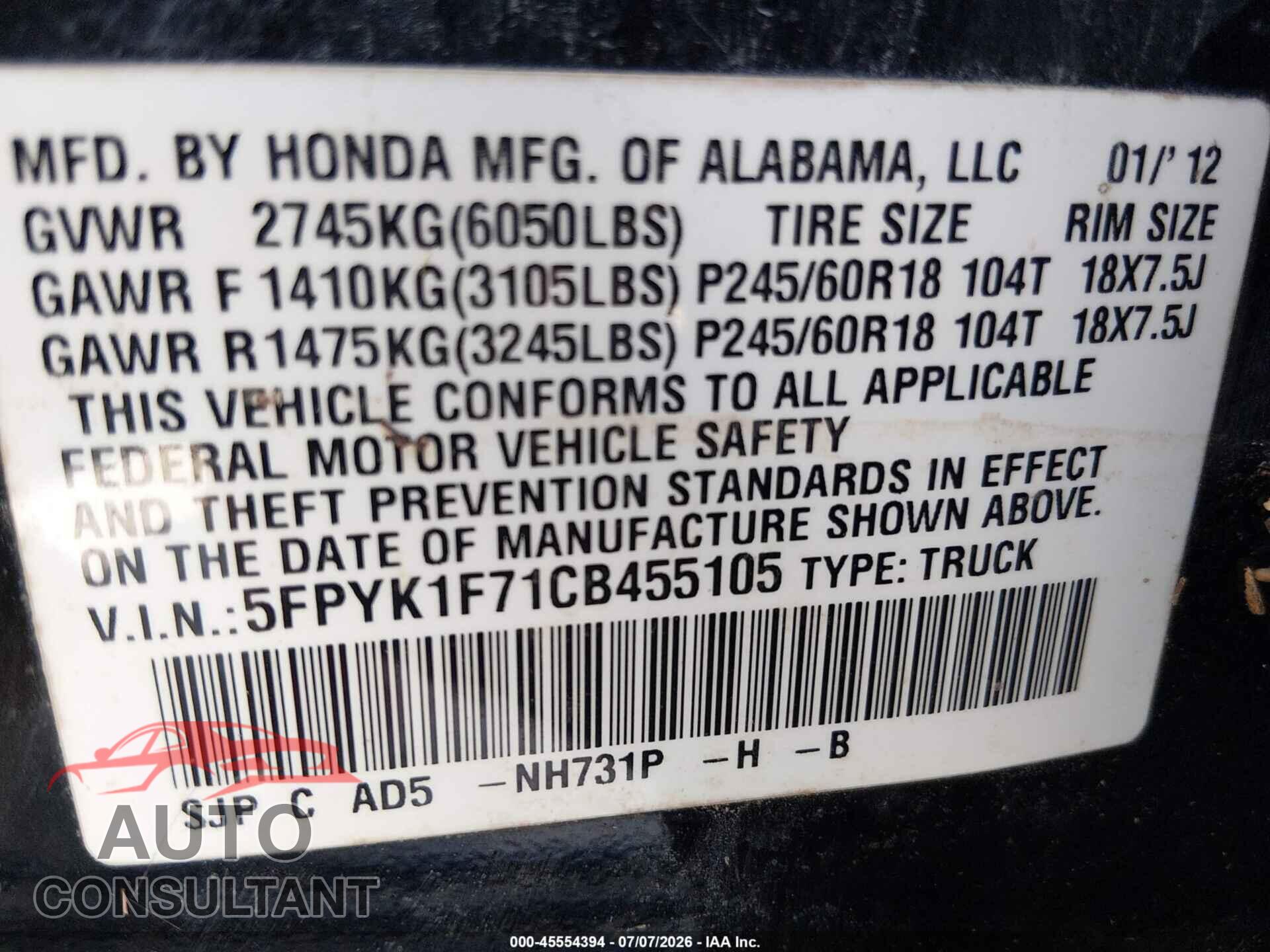 HONDA RIDGELINE 2012 - 5FPYK1F71CB455105