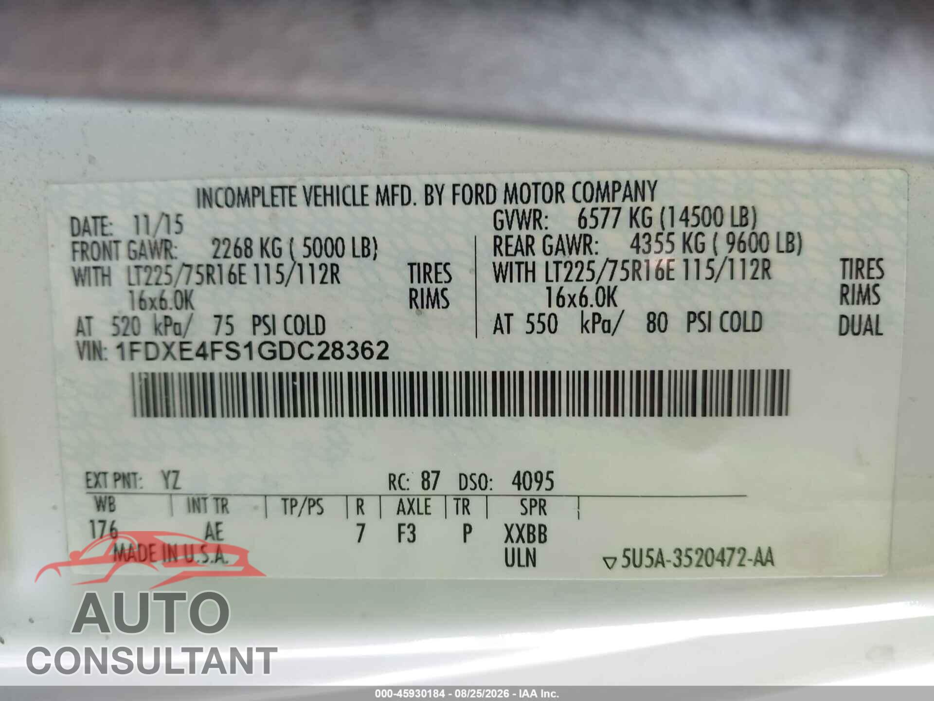 FORD E-450 CUTAWAY 2016 - 1FDXE4FS1GDC28362