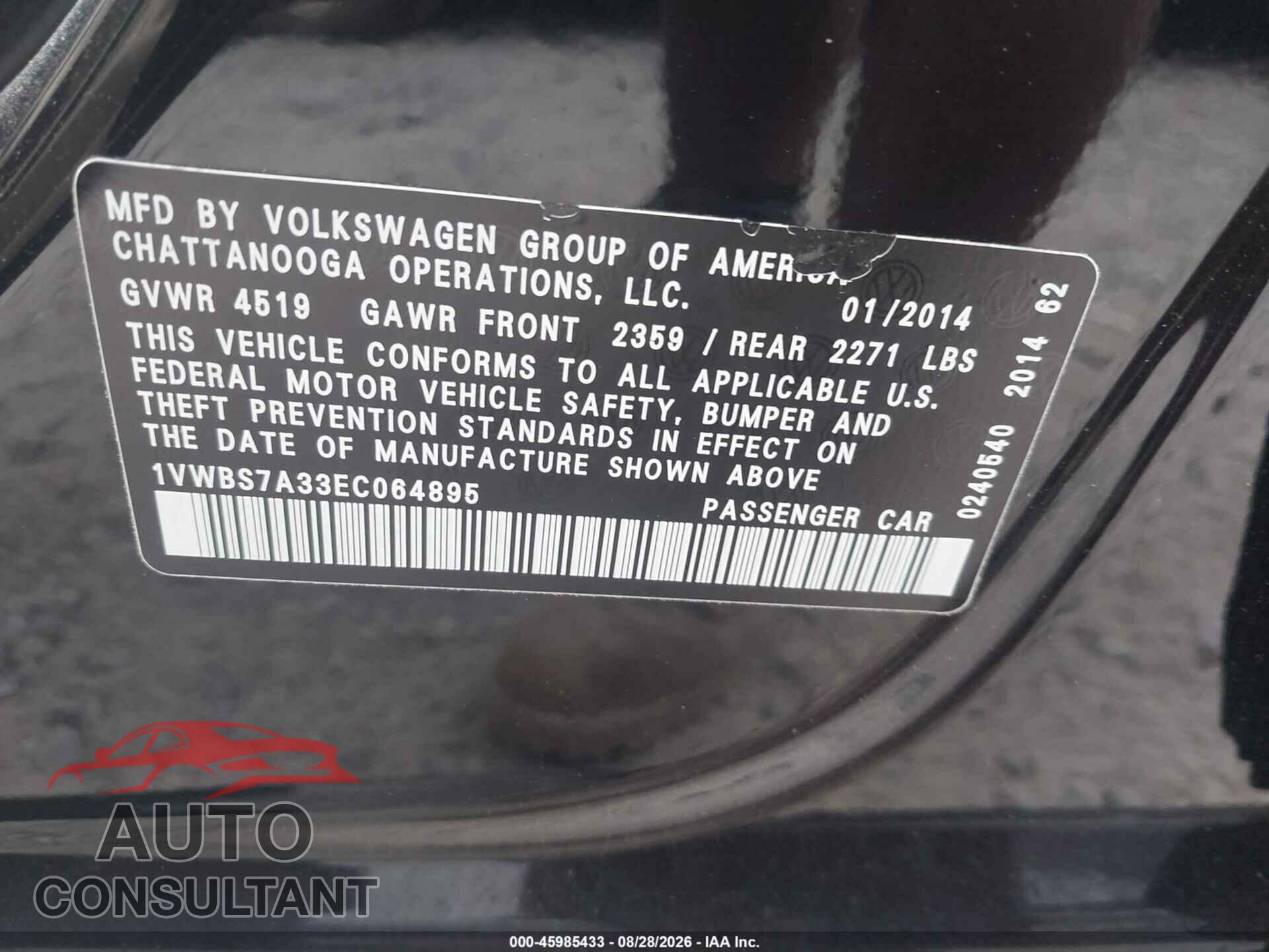 VOLKSWAGEN PASSAT 2014 - 1VWBS7A33EC064895