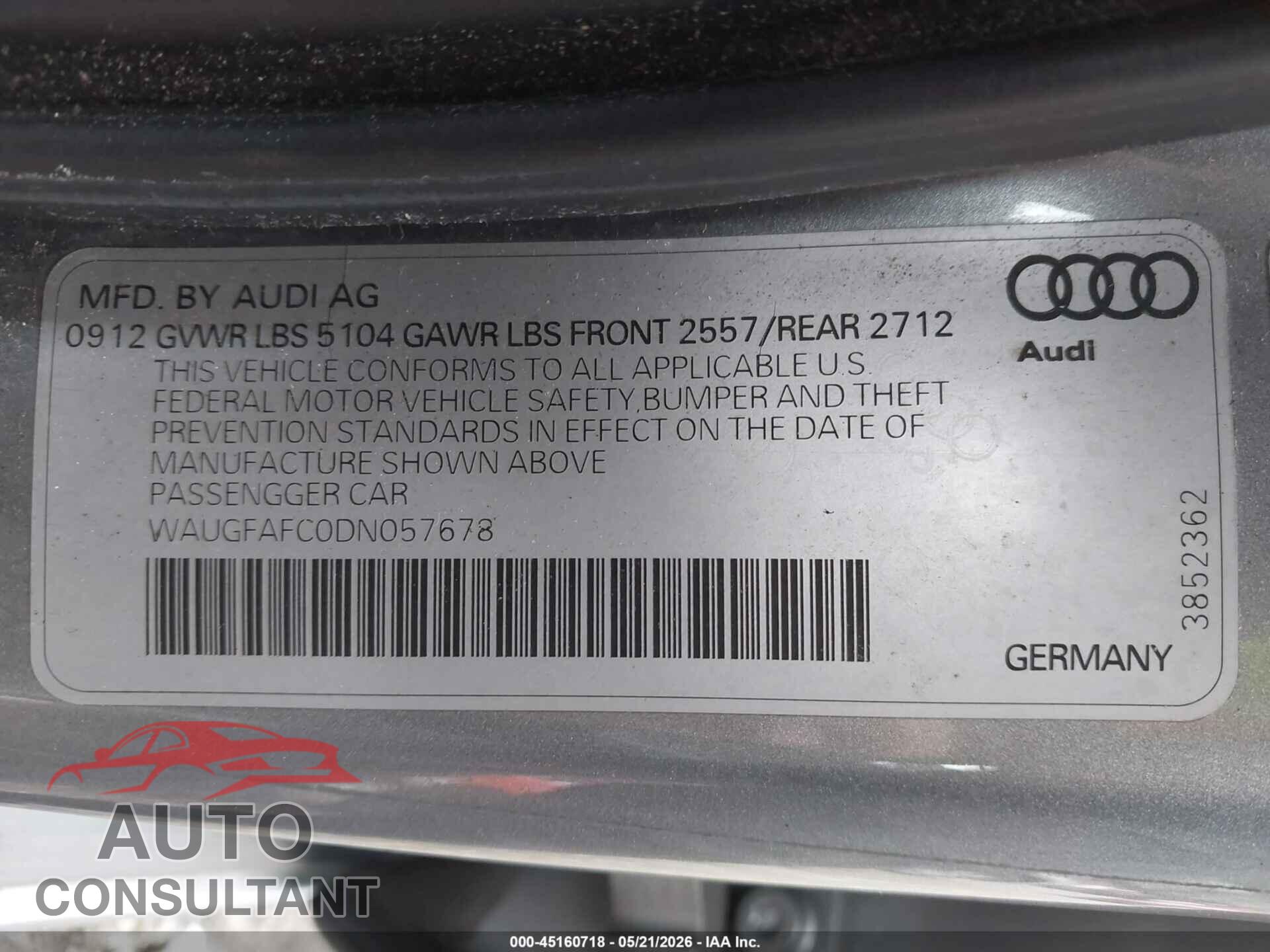 AUDI A6 2013 - WAUGFAFC0DN057678