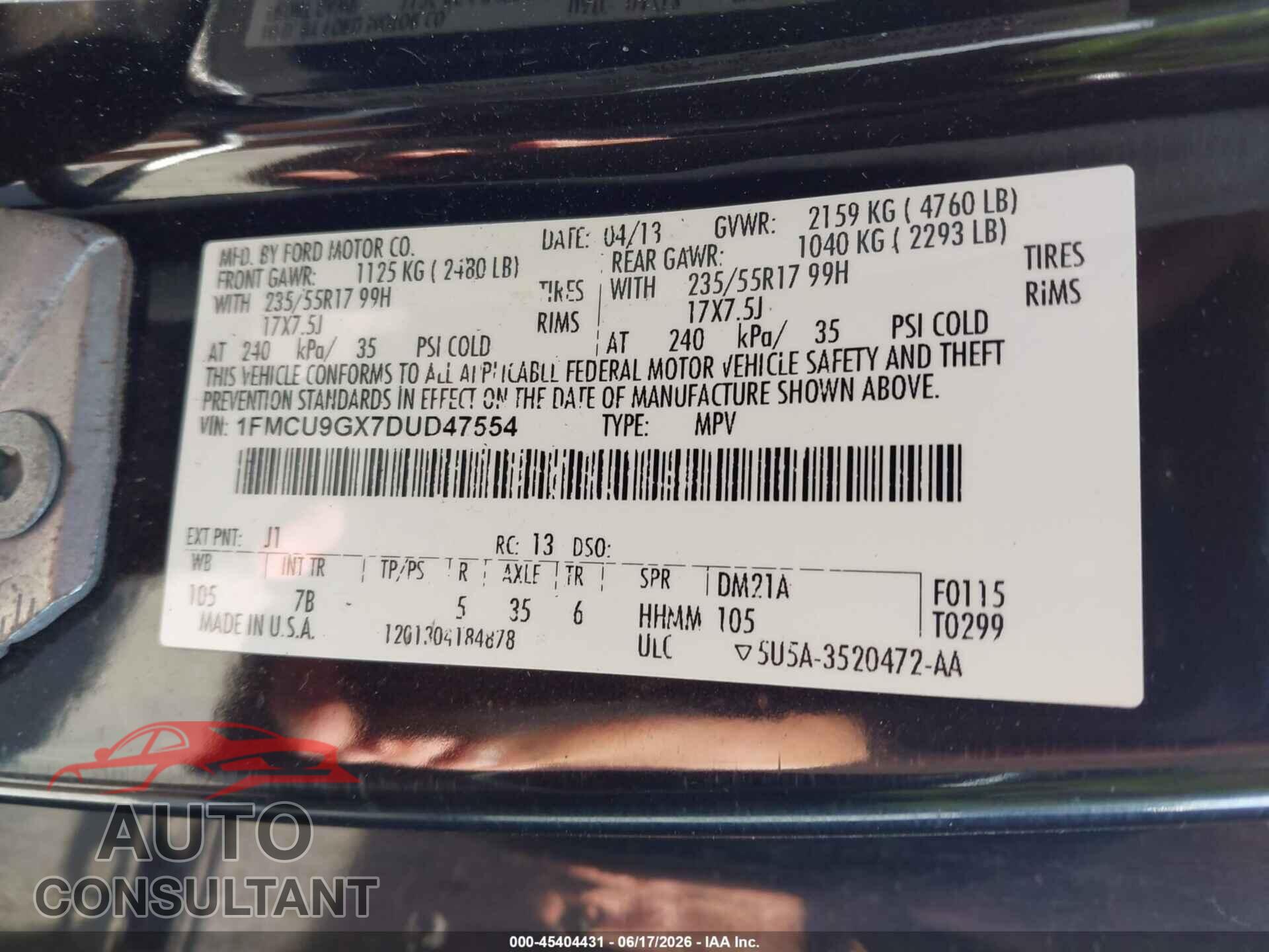 FORD ESCAPE 2013 - 1FMCU9GX7DUD47554
