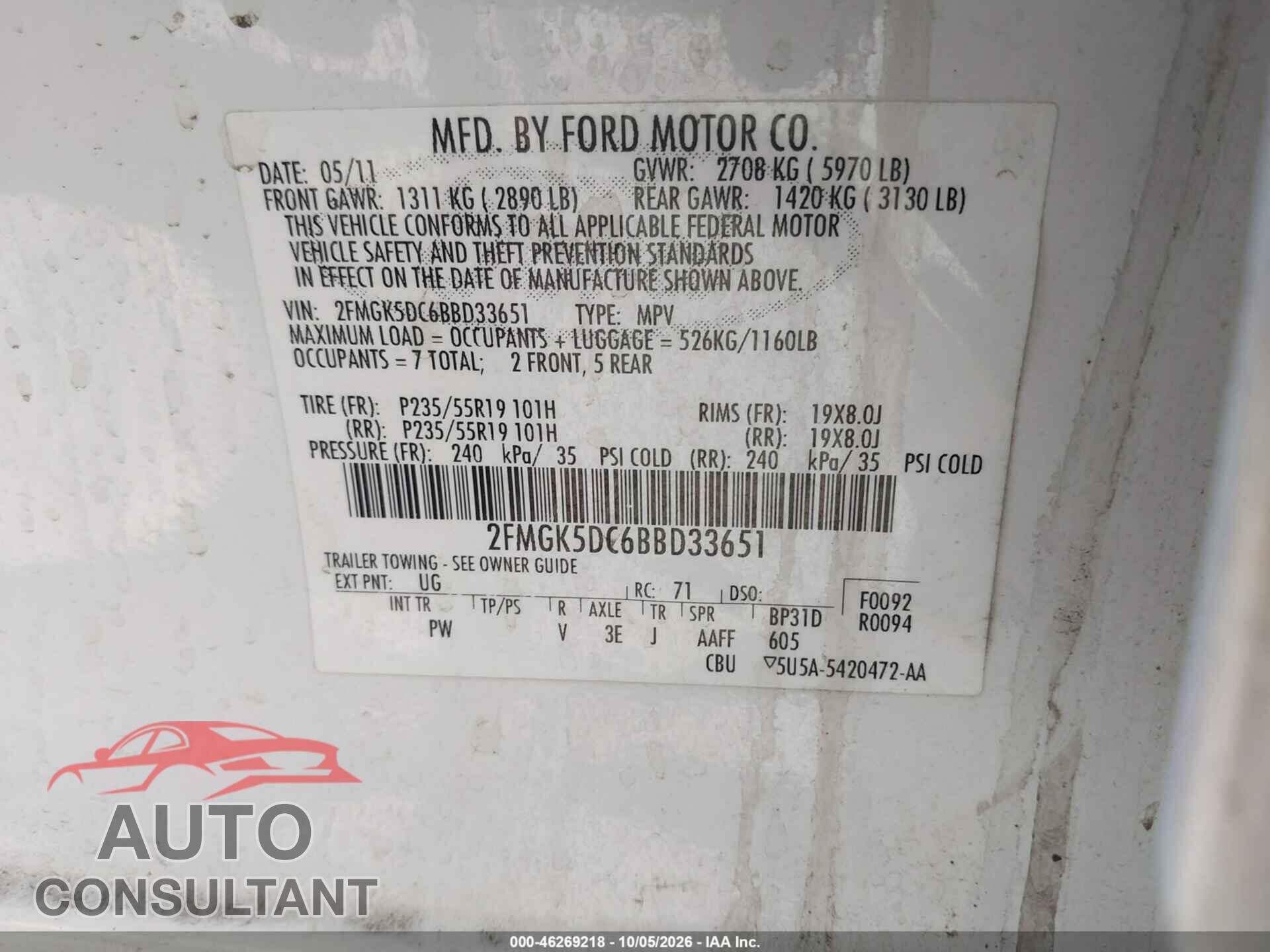 FORD FLEX 2011 - 2FMGK5DC6BBD33651