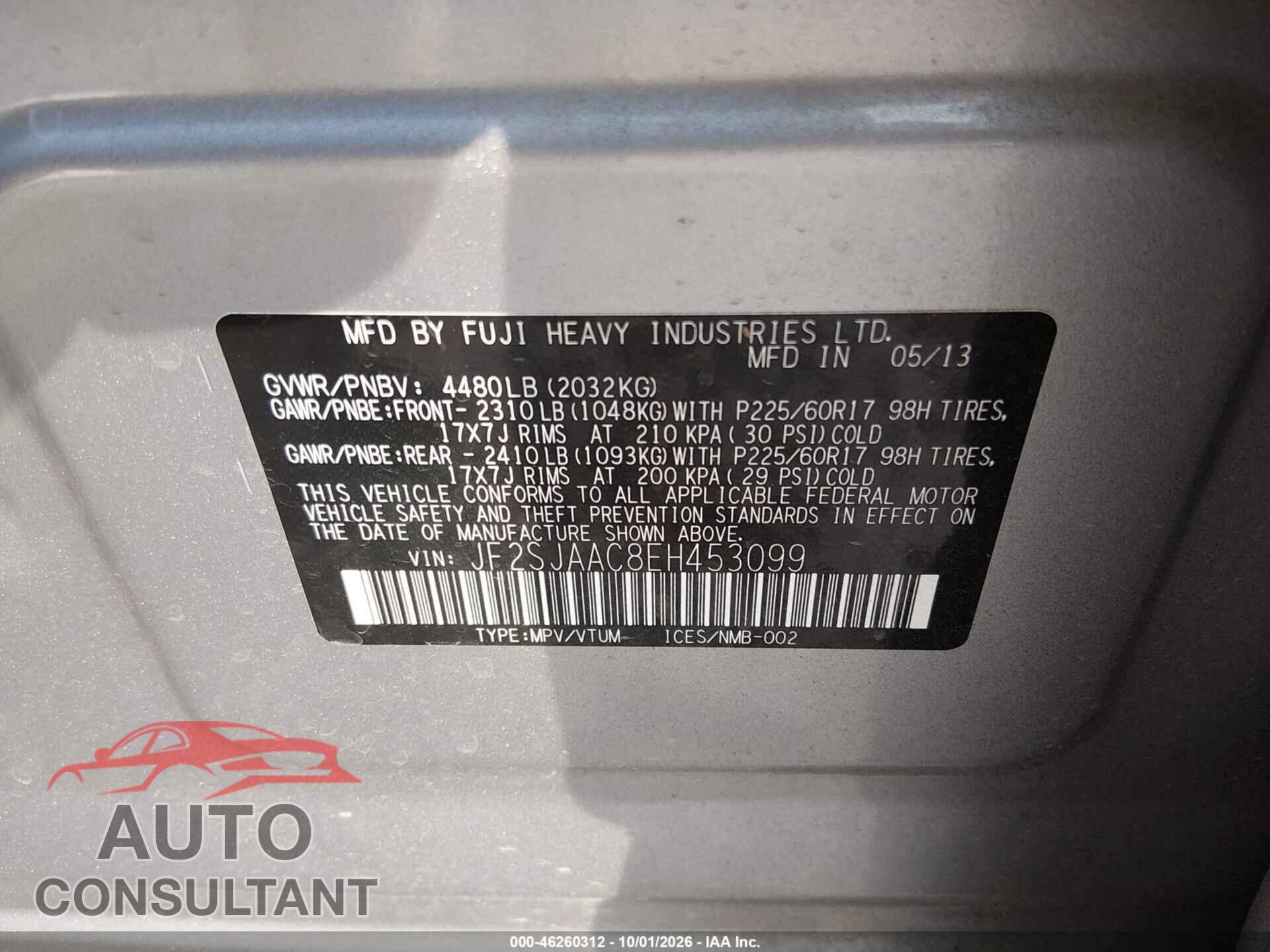 SUBARU FORESTER 2014 - JF2SJAAC8EH453099