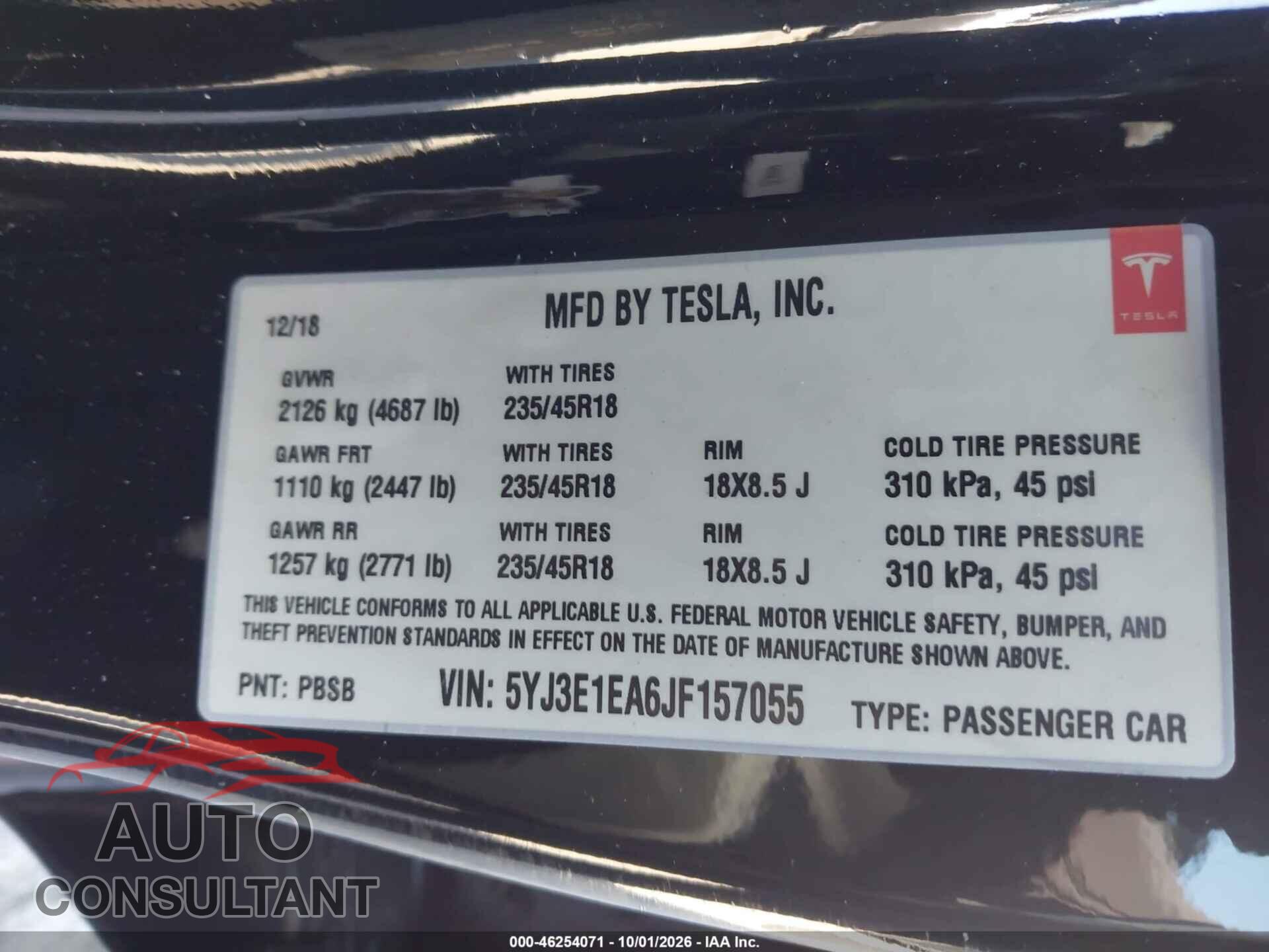TESLA MODEL 3 2018 - 5YJ3E1EA6JF157055