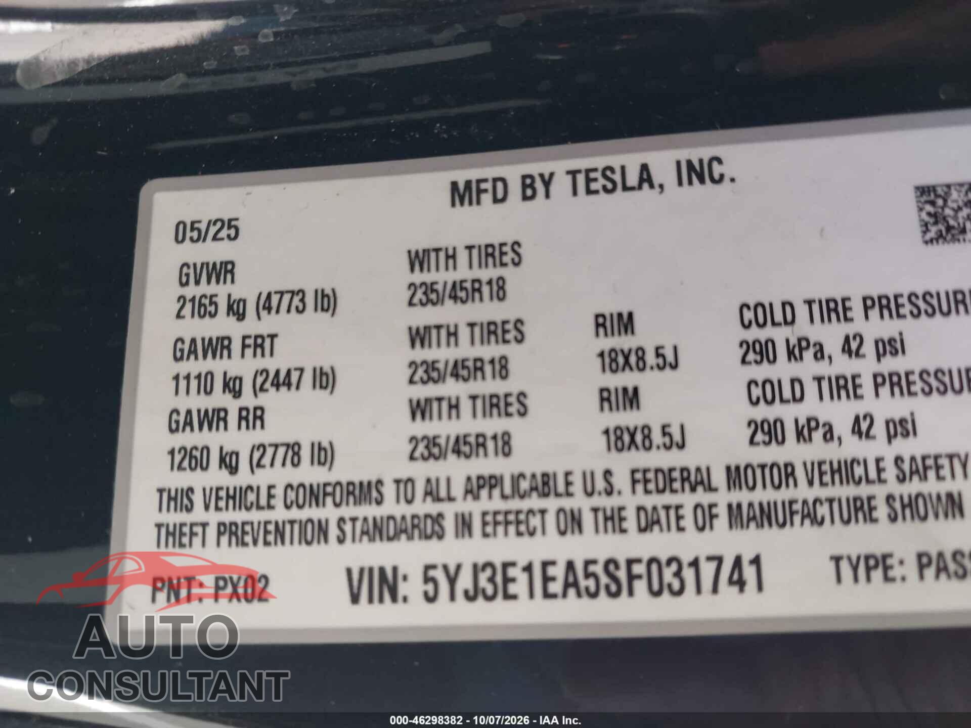 TESLA MODEL 3 2025 - 5YJ3E1EA5SF031741