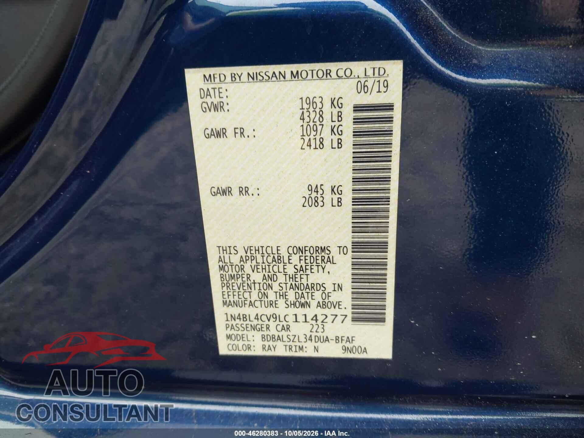 NISSAN ALTIMA 2020 - 1N4BL4CV9LC114277