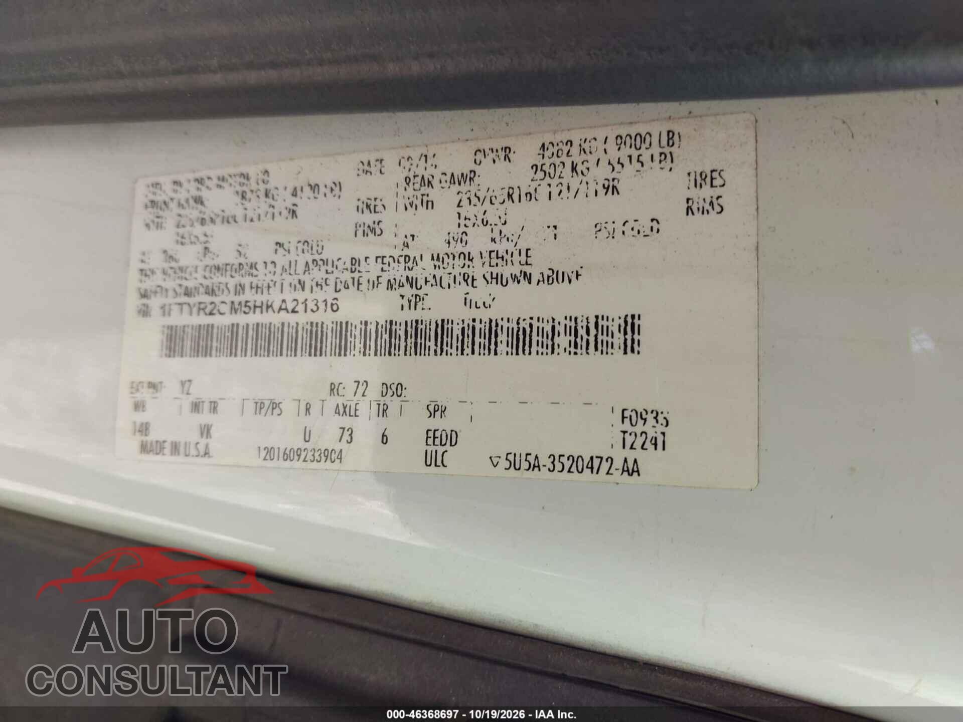 FORD TRANSIT-250 2017 - 1FTYR2CM5HKA21316