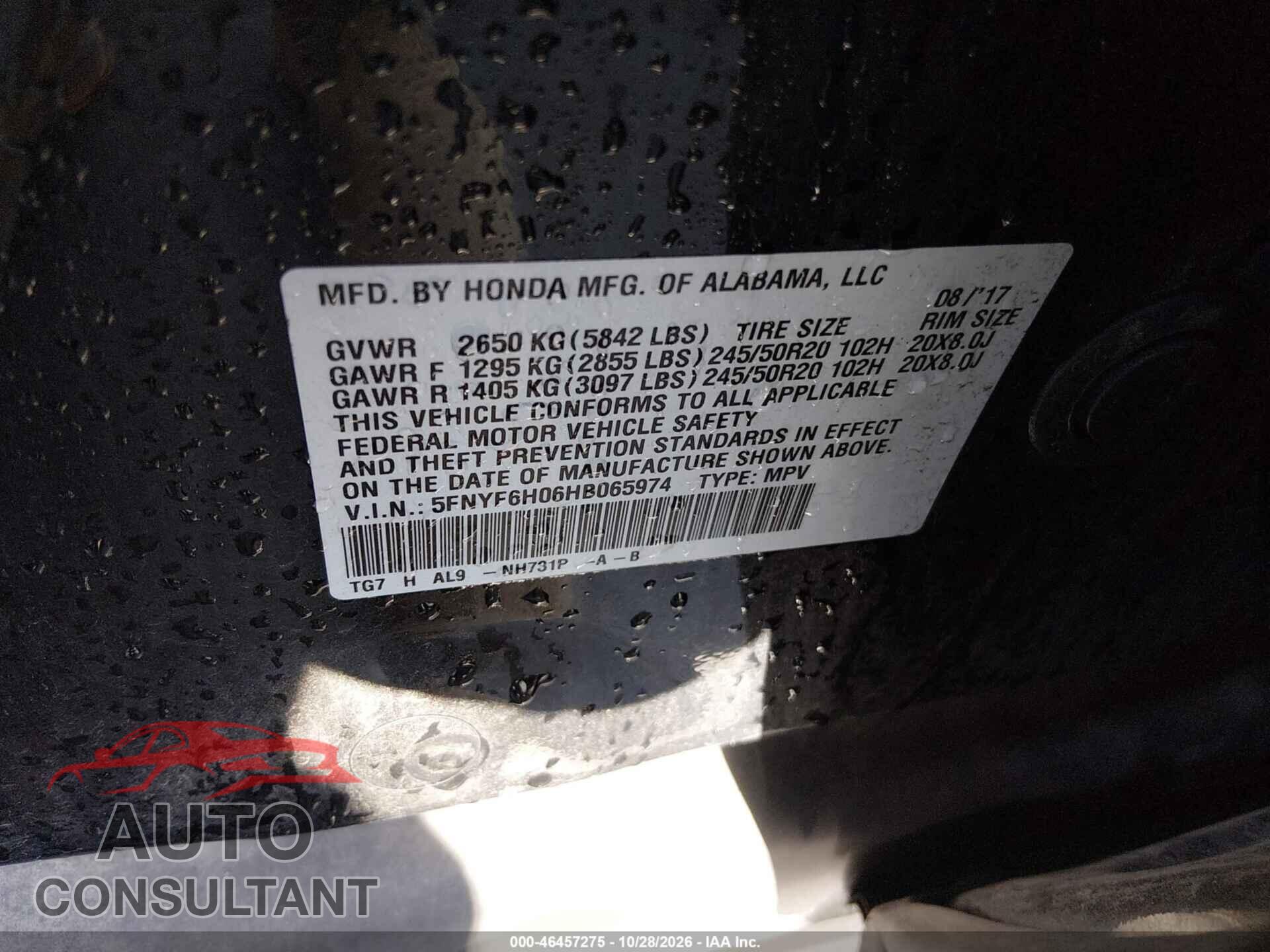 HONDA PILOT 2017 - 5FNYF6H06HB065974