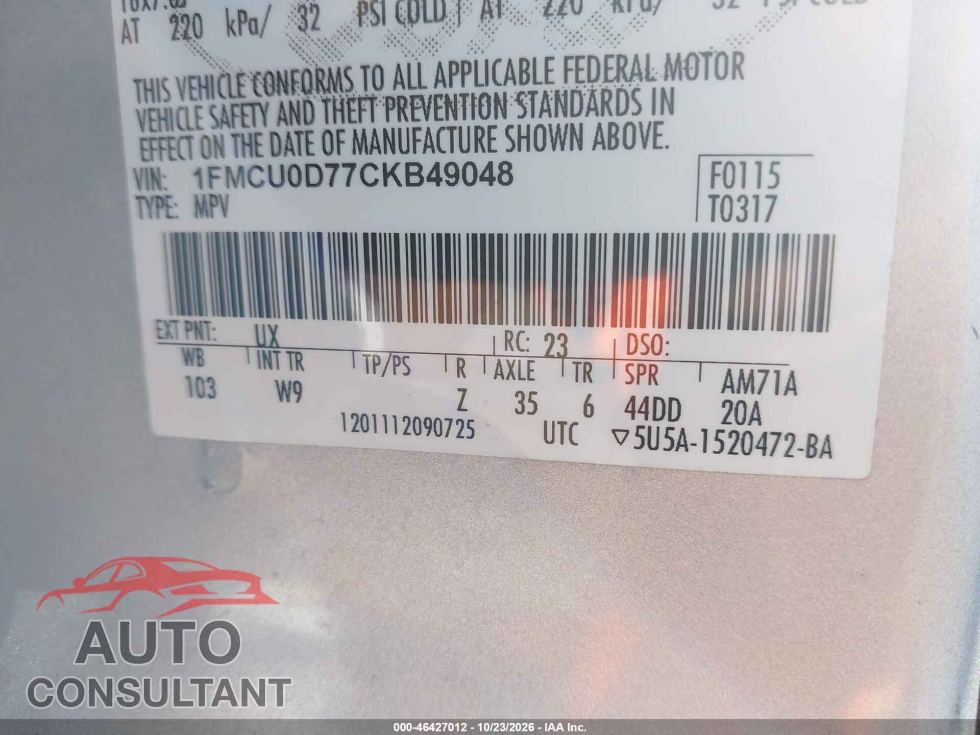 FORD ESCAPE 2012 - 1FMCU0D77CKB49048