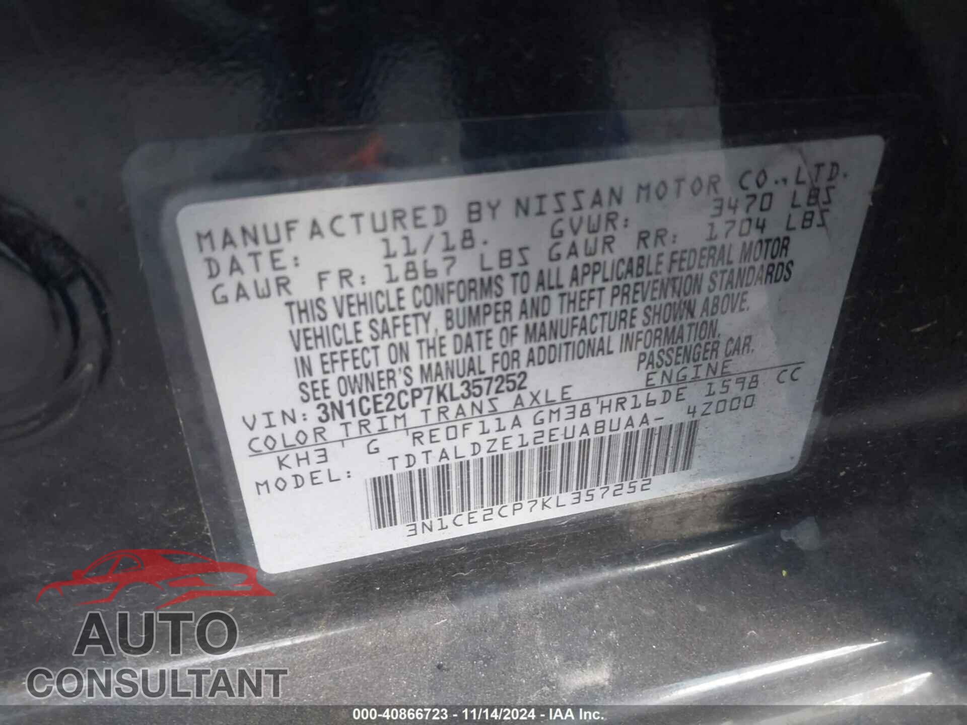 NISSAN VERSA NOTE 2019 - 3N1CE2CP7KL357252