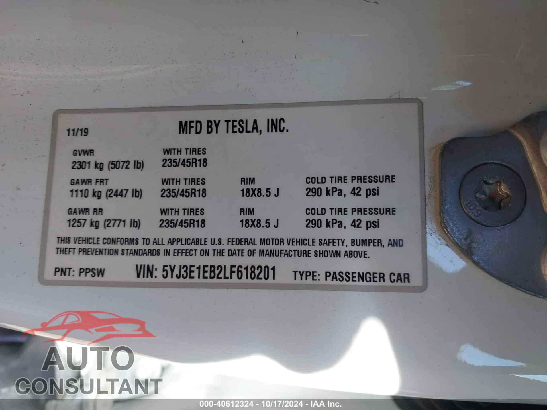 TESLA MODEL 3 2020 - 5YJ3E1EB2LF618201