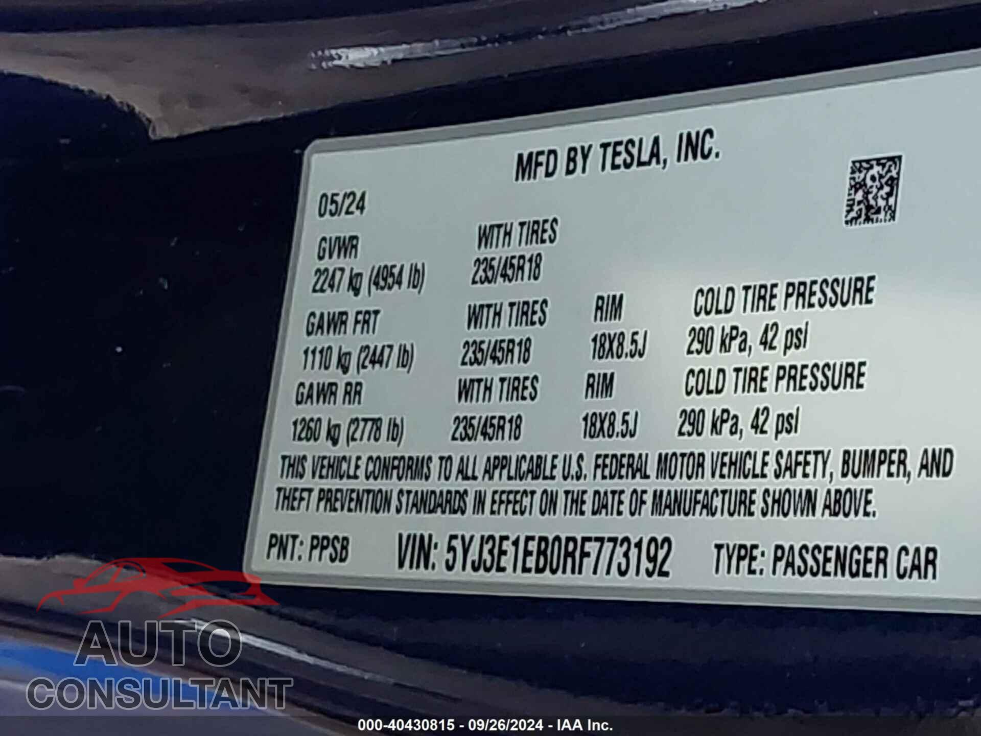 TESLA MODEL 3 2024 - 5YJ3E1EB0RF773192