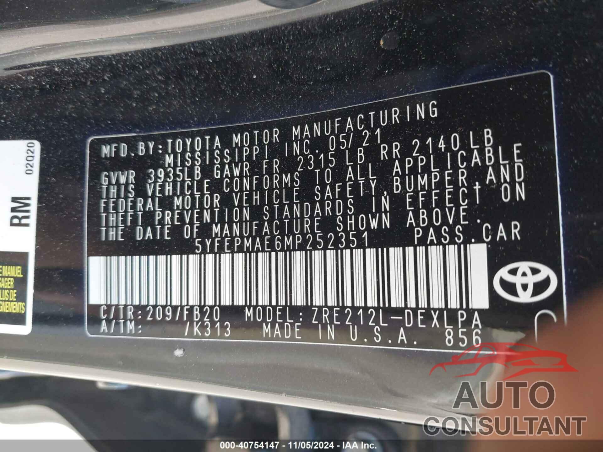 TOYOTA COROLLA 2021 - 5YFEPMAE6MP252351