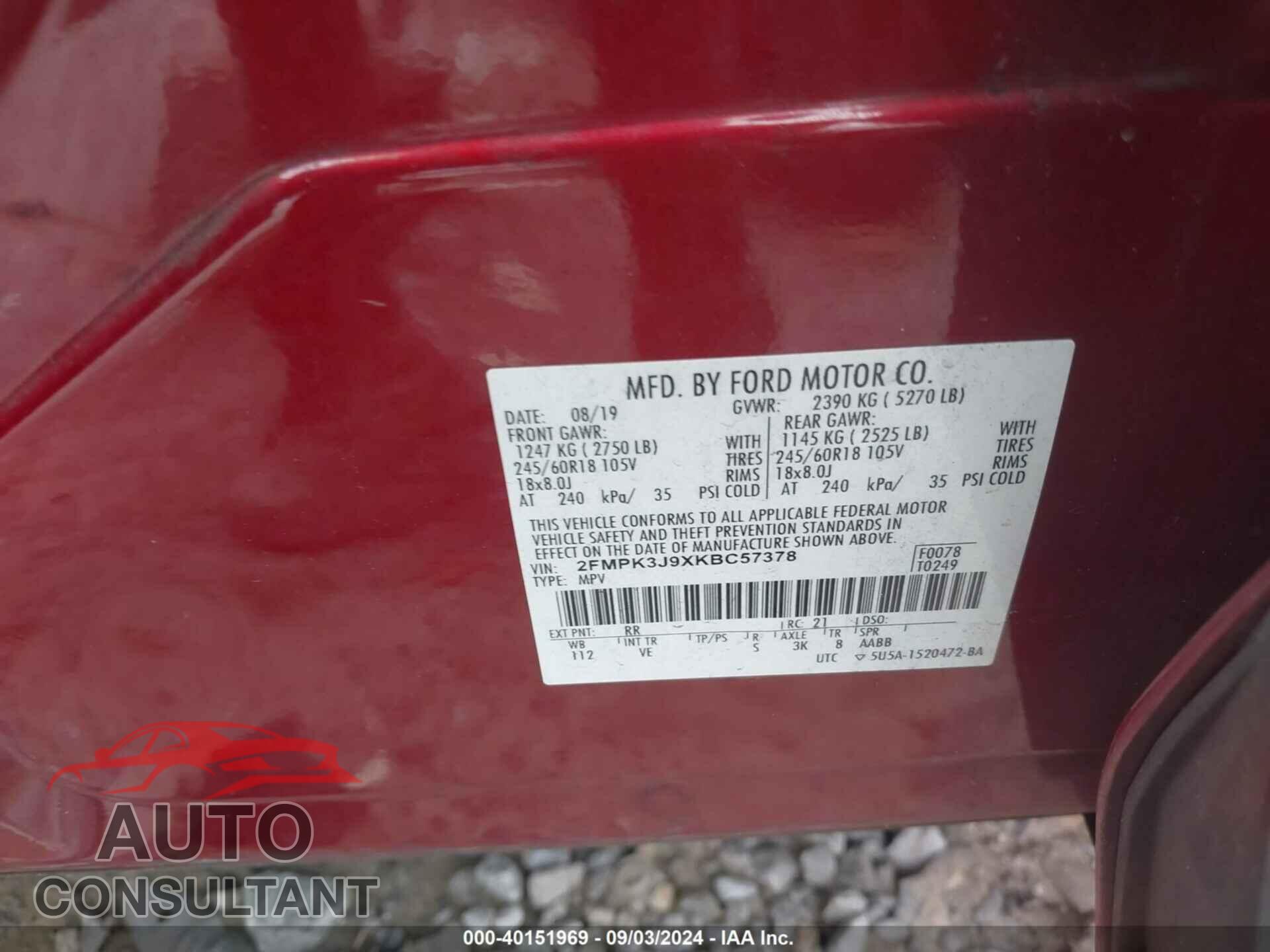 FORD EDGE 2019 - 2FMPK3J9XKBC57378